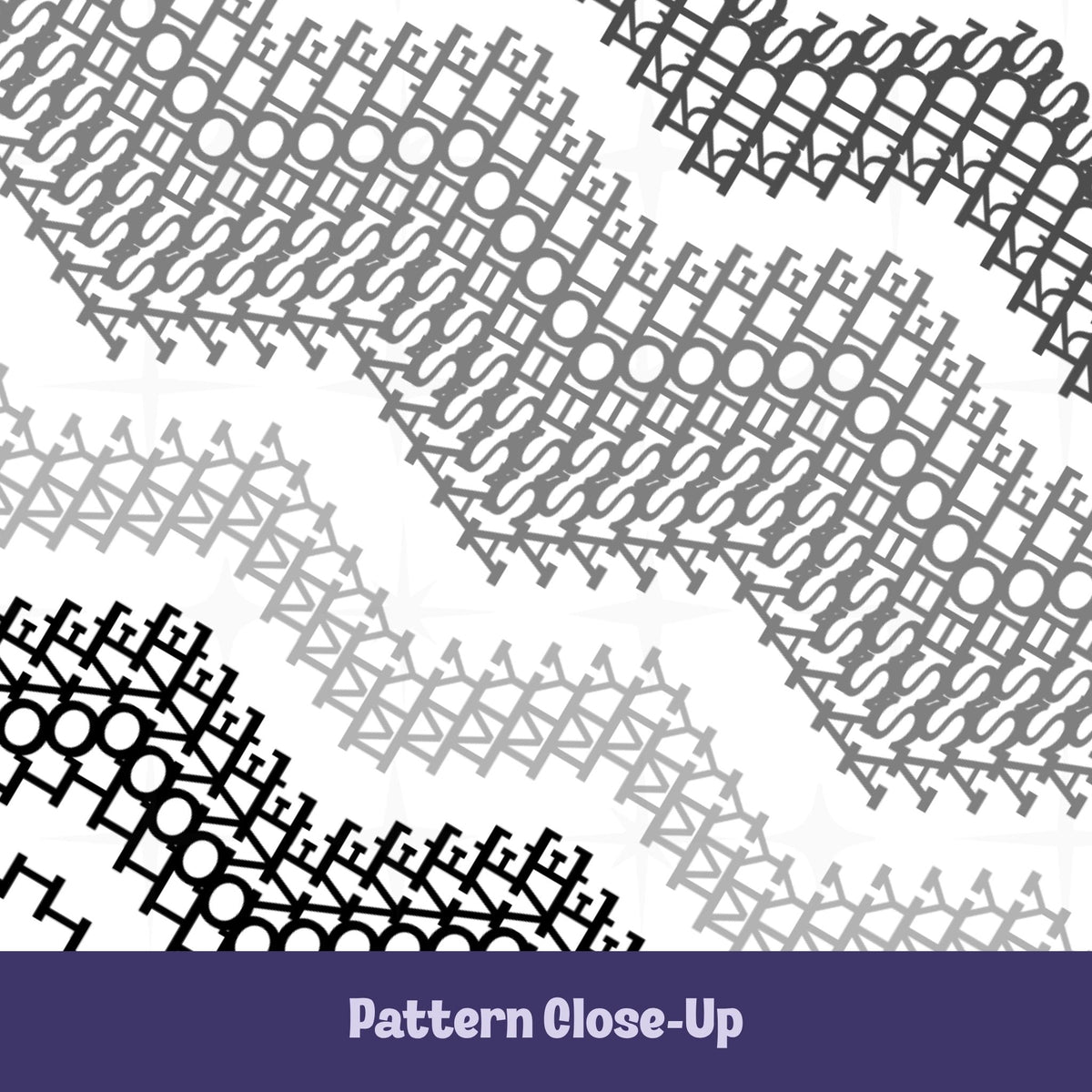 Close-up of hidden message mug pattern in charcoal, medium gray, light gray, and black — dense cross-stitch-style typography hiding the phrase &