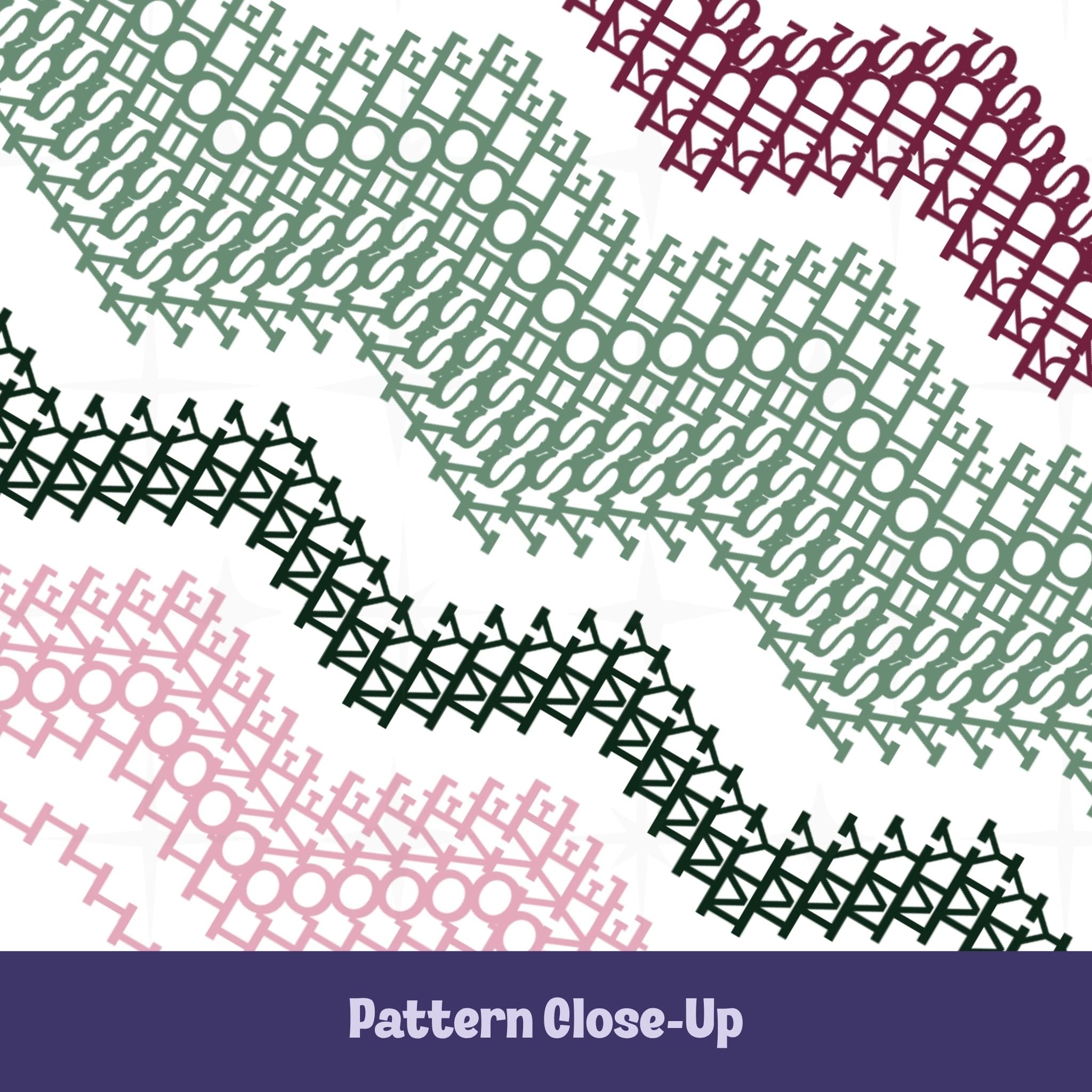 Close-up of hidden message mug pattern in deep burgundy, sage green, forest green, and blush pink — dense typographic cross-stitch waves spelling &