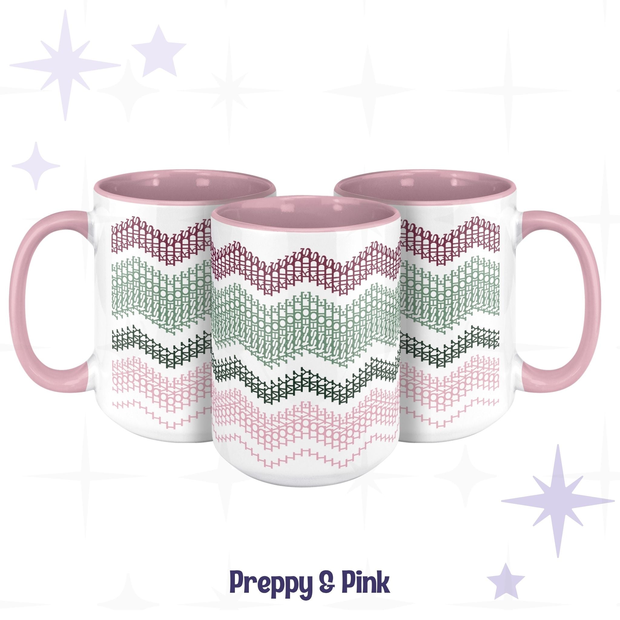 Three Preppy & Pink hidden message accent mugs arranged together, showing the full typographic wave pattern in burgundy, sage, forest green, and pink on white ceramic