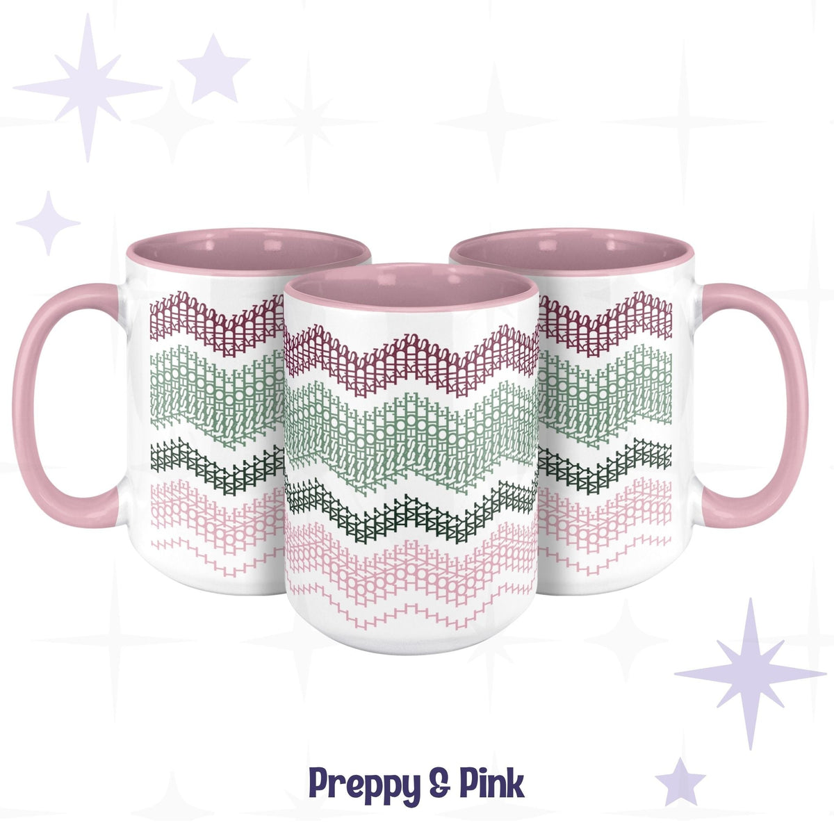 Three Preppy & Pink hidden message accent mugs arranged together, showing the full typographic wave pattern in burgundy, sage, forest green, and pink on white ceramic