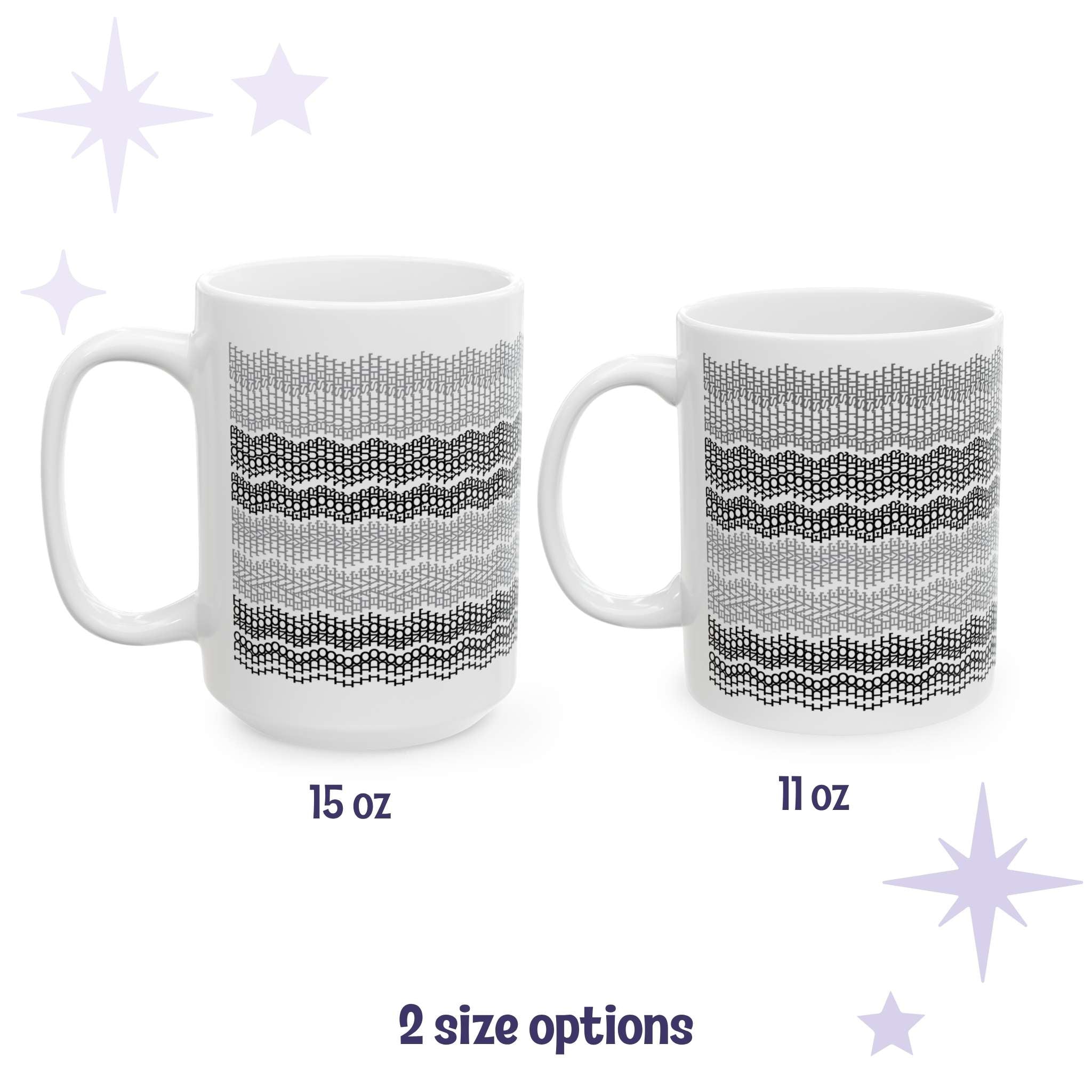 Gray stripes hidden message embroidery mug shown in both 15oz and 11oz sizes side by side