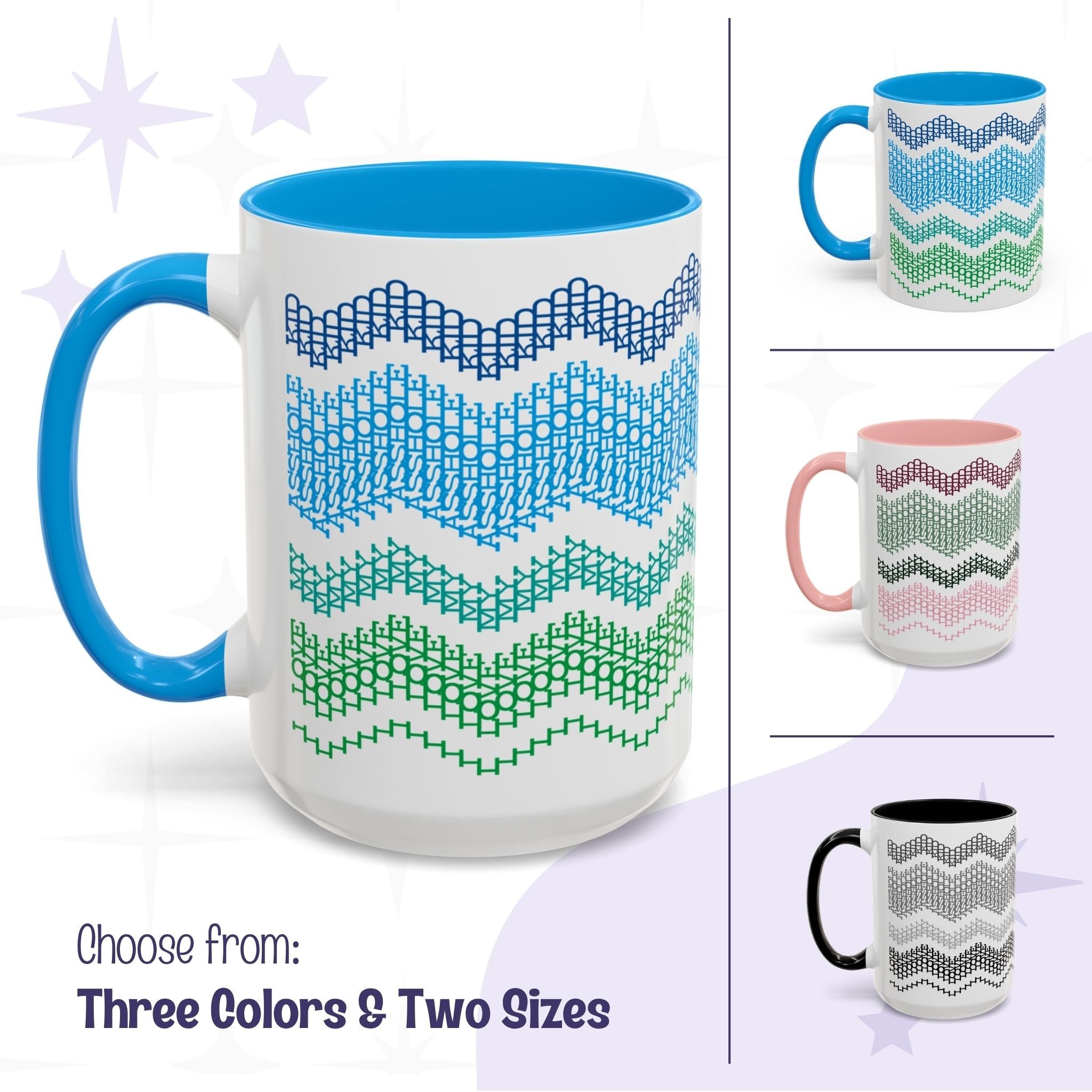 Composite product shot of the hidden message mug in three colorways — Ocean Blue, Preppy Pink, and Gray Black — shown in 11oz and 15oz sizes, with the text &