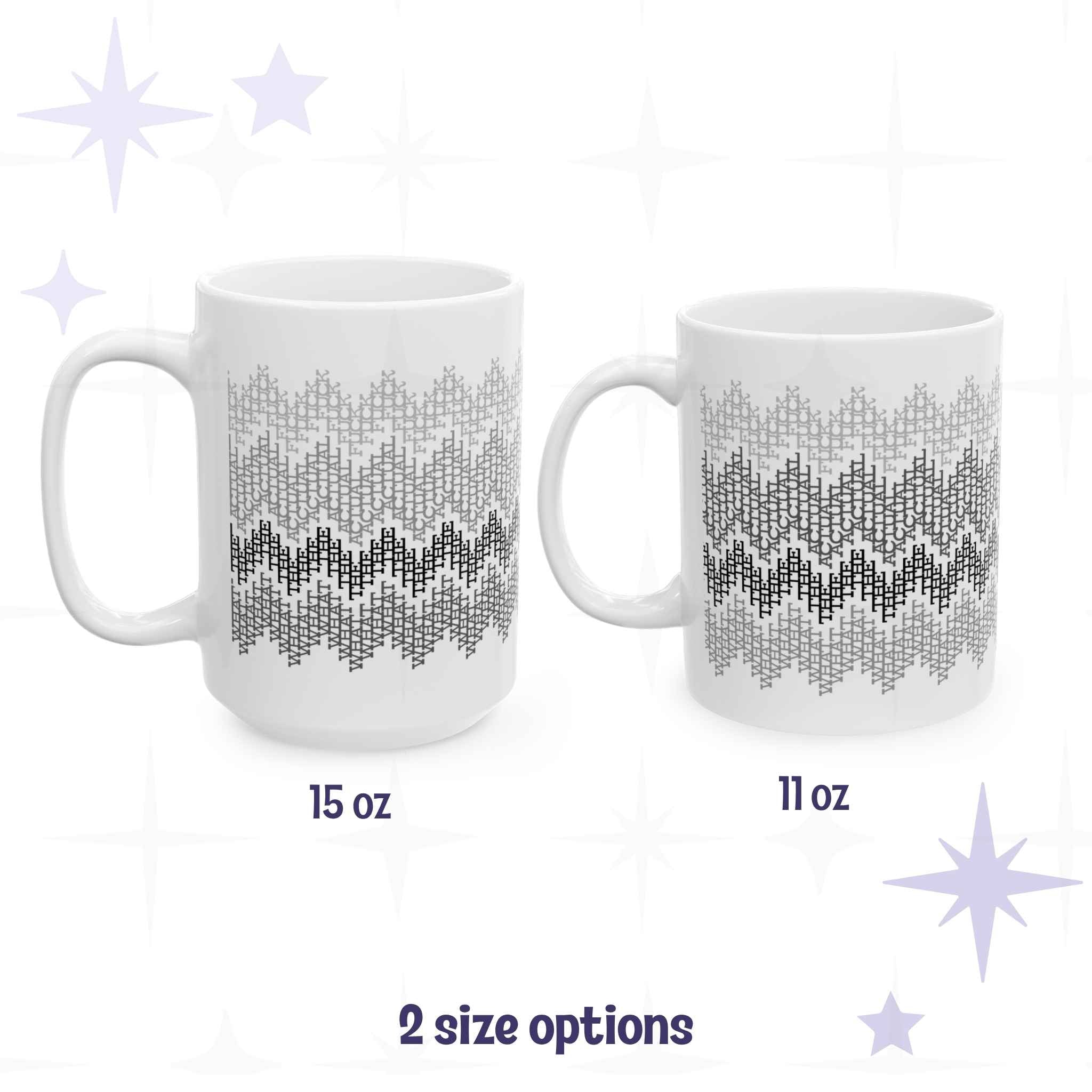 Side by side comparison of 15oz and 11oz hidden profanity mugs in gray monochrome fair isle pattern showing size difference