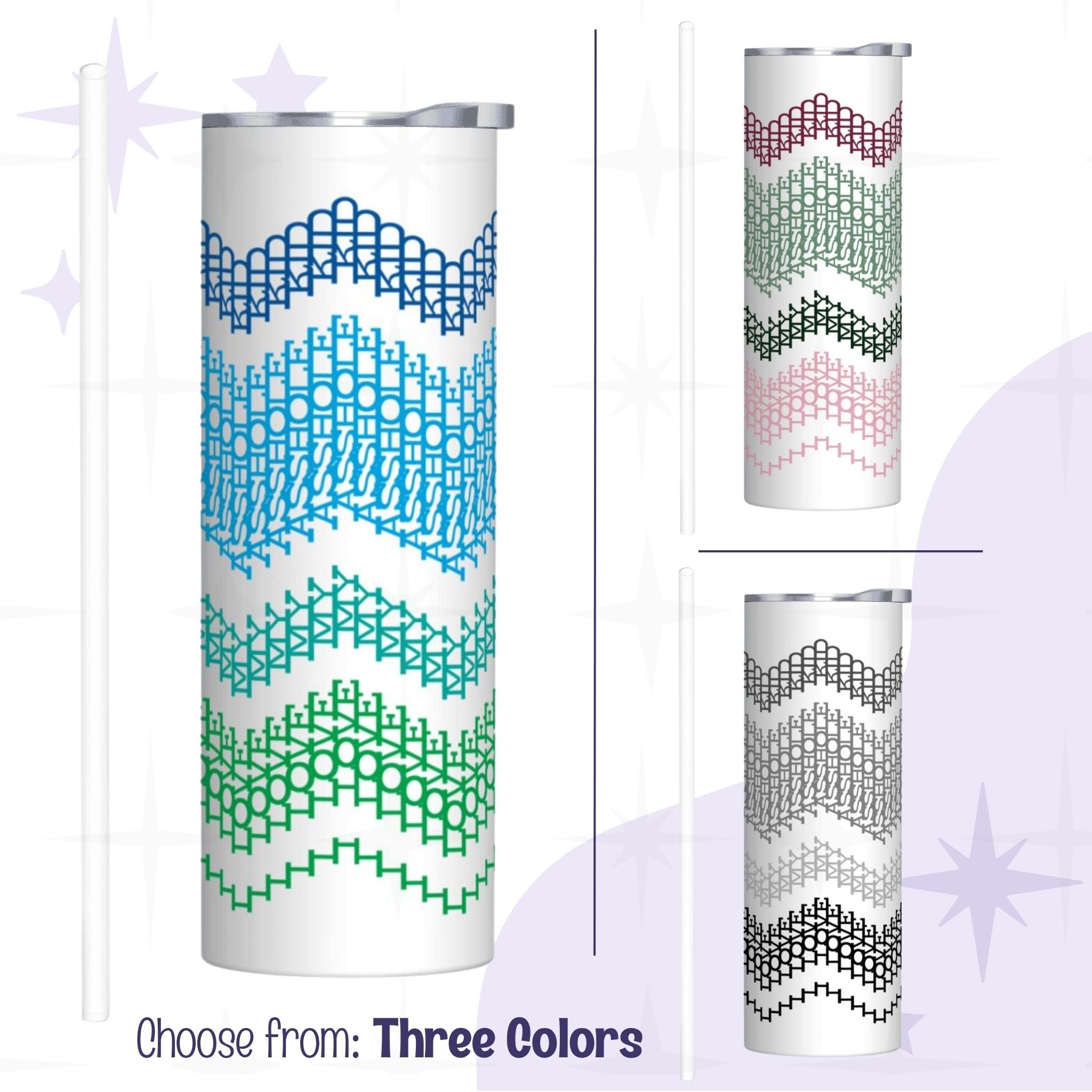 All three colorways of the I Love My Asshole Kid hidden message skinny tumbler — Ocean Stripes, Preppy Stripes, and Gray Stripes side by side with straws included