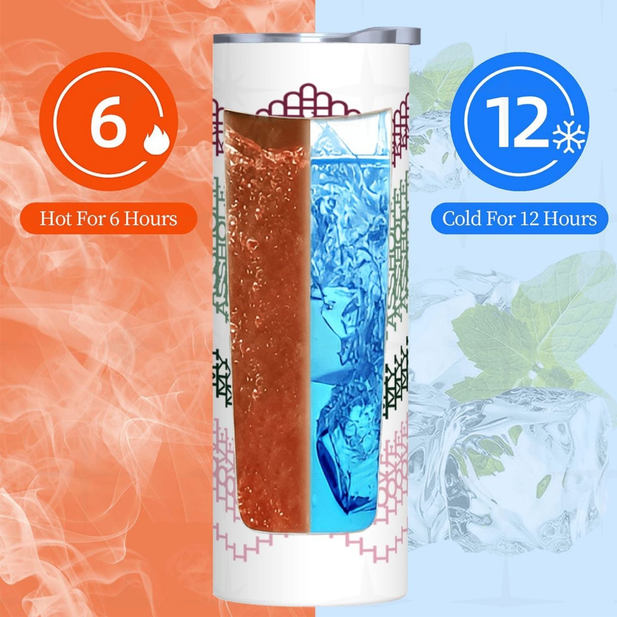 Insulation performance graphic for the hidden message fair isle tumbler — keeps hot 6 hours, cold 12 hours, shown with Preppy Stripes colorway cutaway