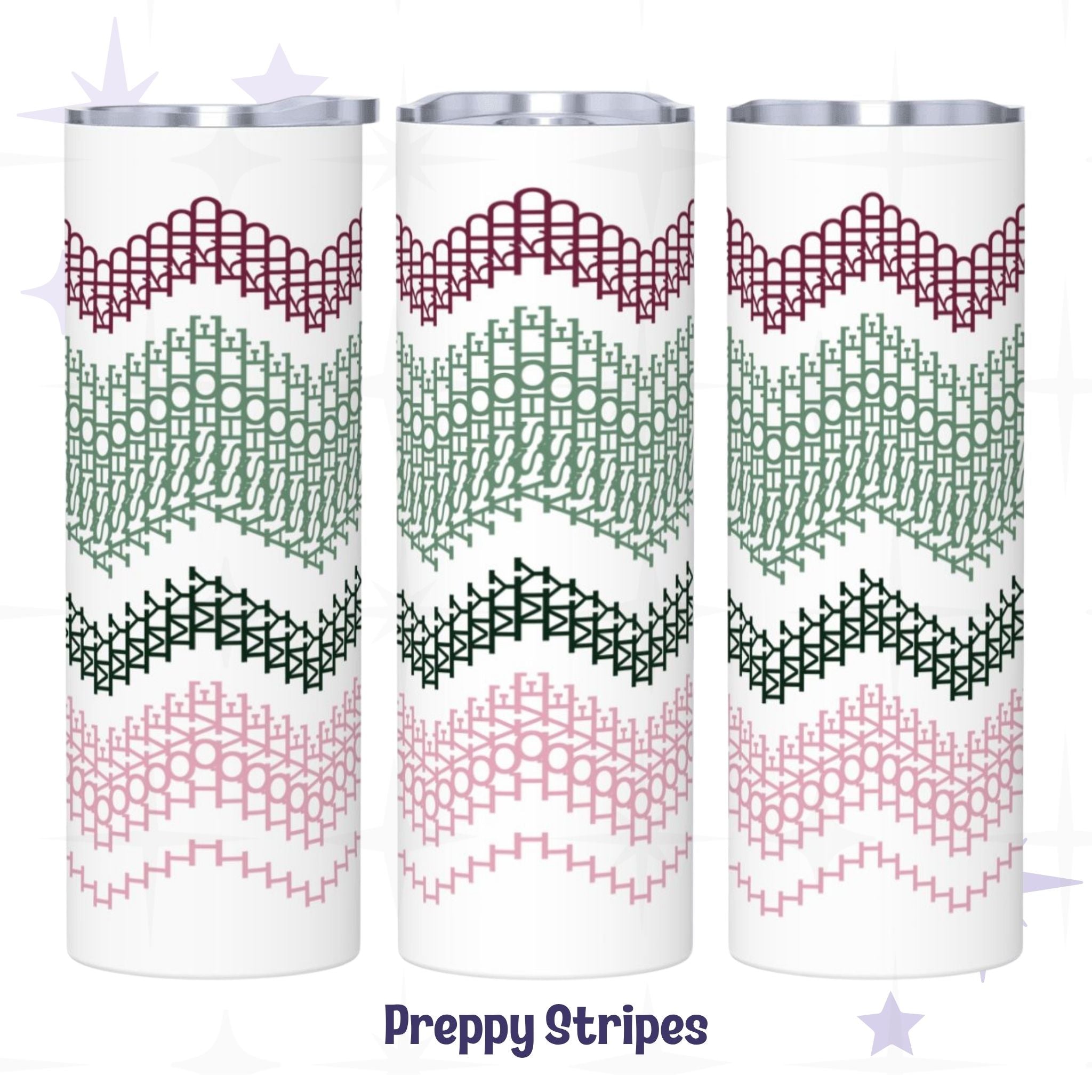Three-view display of the Preppy Stripes I Love My Asshole Kid tumbler — burgundy, sage green, forest green, and blush pink fair isle typographic pattern on white skinny tumbler