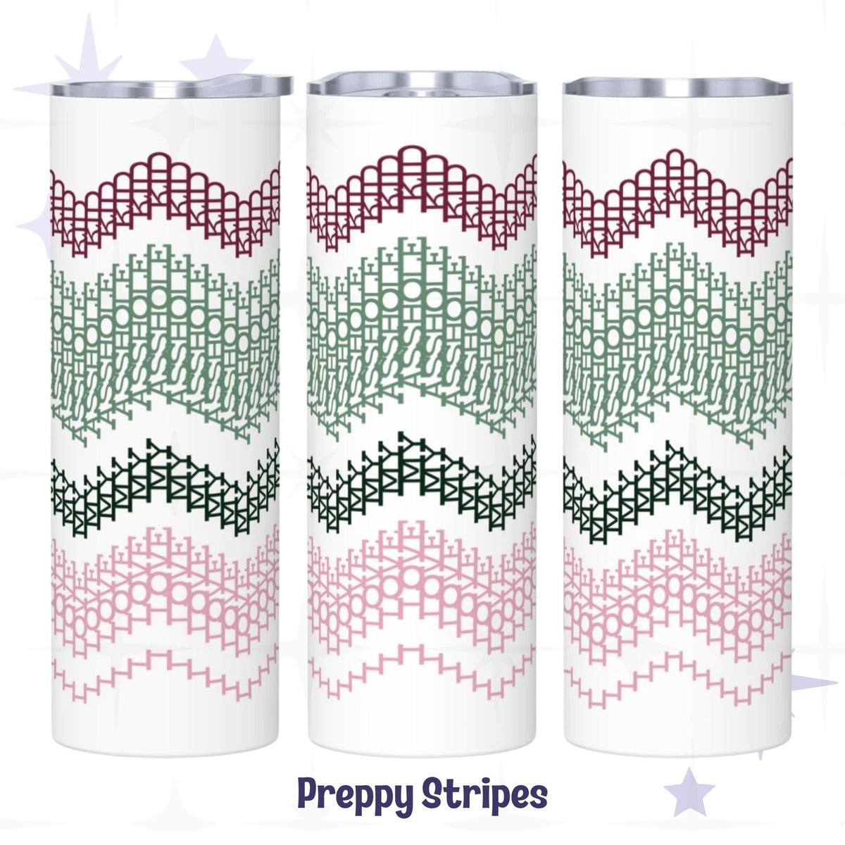 Three-view display of the Preppy Stripes I Love My Asshole Kid tumbler — burgundy, sage green, forest green, and blush pink fair isle typographic pattern on white skinny tumbler