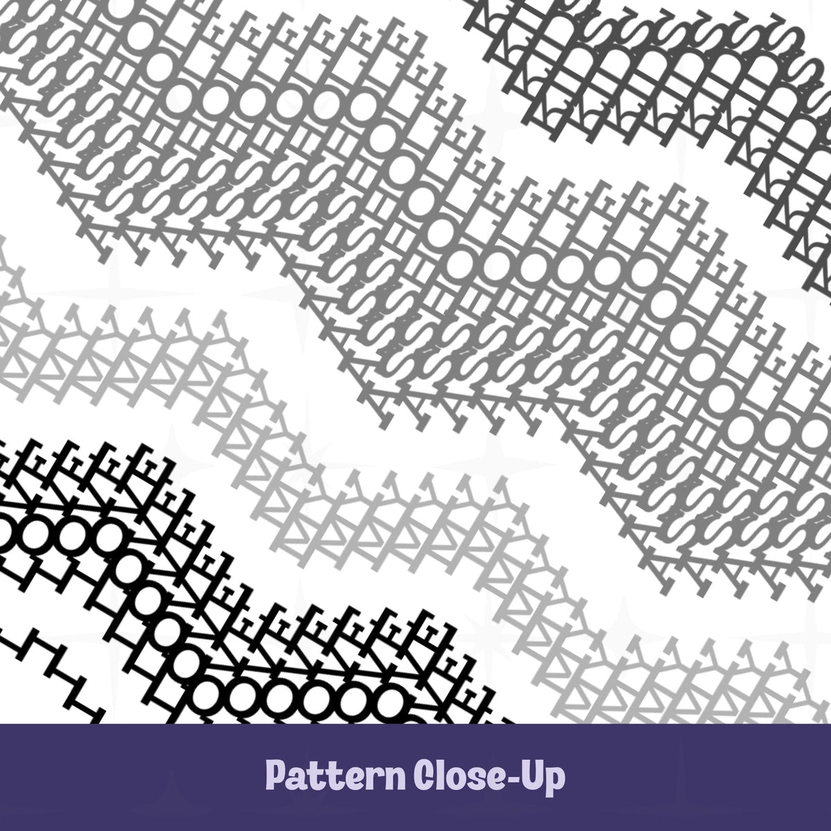 Close-up of the gray stripes hidden message tumbler pattern — cross-stitch style letterforms in graduating black, charcoal, gray, and light gray tones concealing the hidden message within the decorative textile design