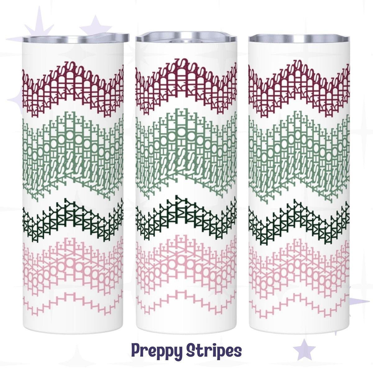 Three side-by-side views of the Preppy Stripes colorway hidden message tumbler — burgundy, sage green, forest green, and blush pink embroidery stripe chevron pattern on white stainless steel body