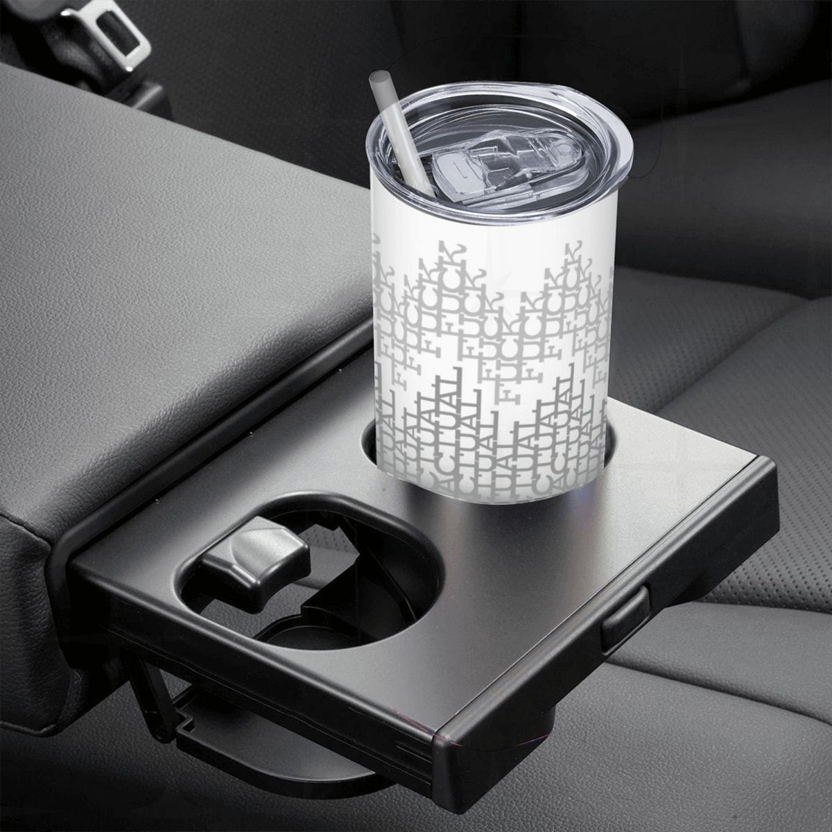 Gray stripes hidden message tumbler in a car cup holder with sliding lid and straw in place, showing cupholder compatibility