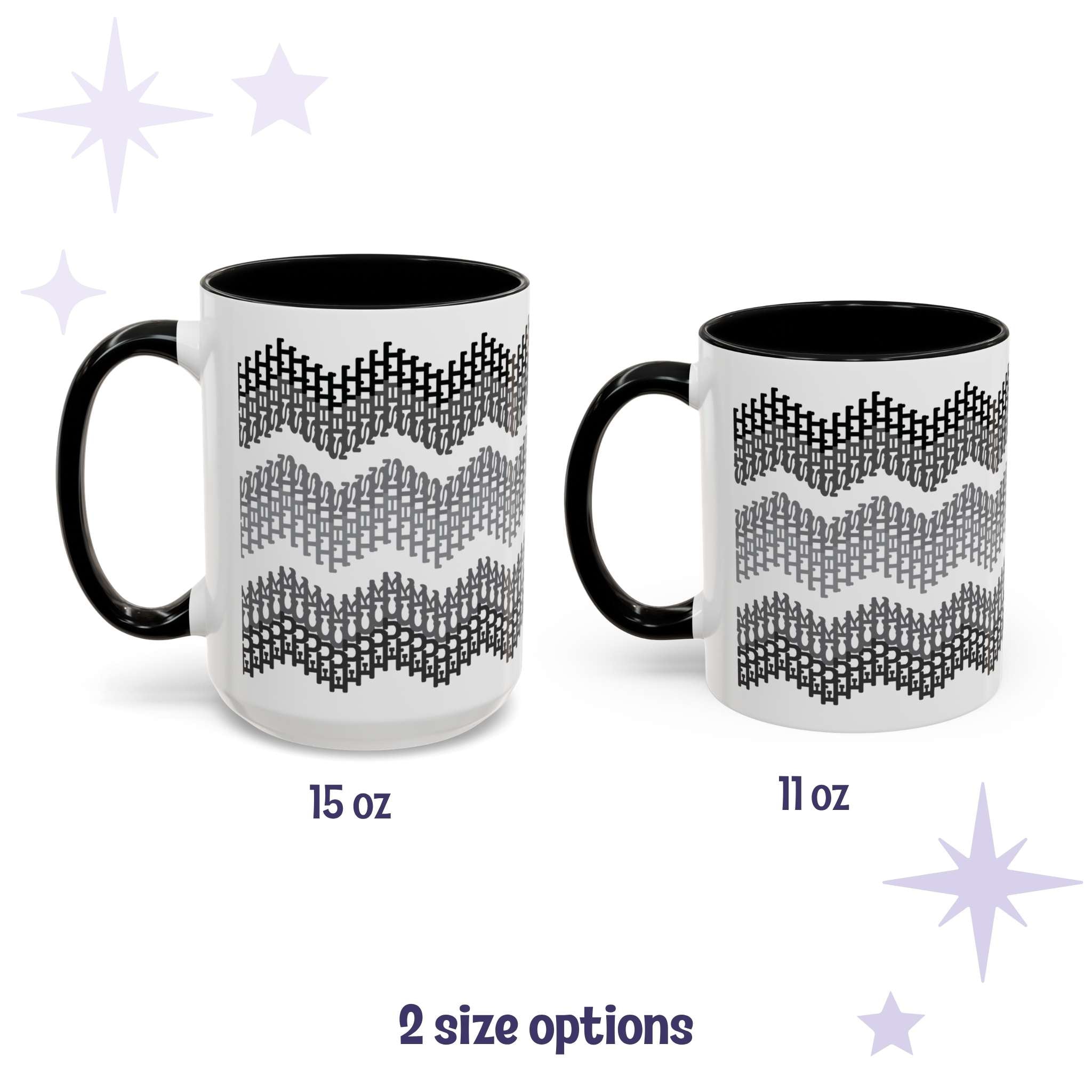 Hidden profanity accent mug in gray chevron shown in both 15oz and 11oz sizes side by side