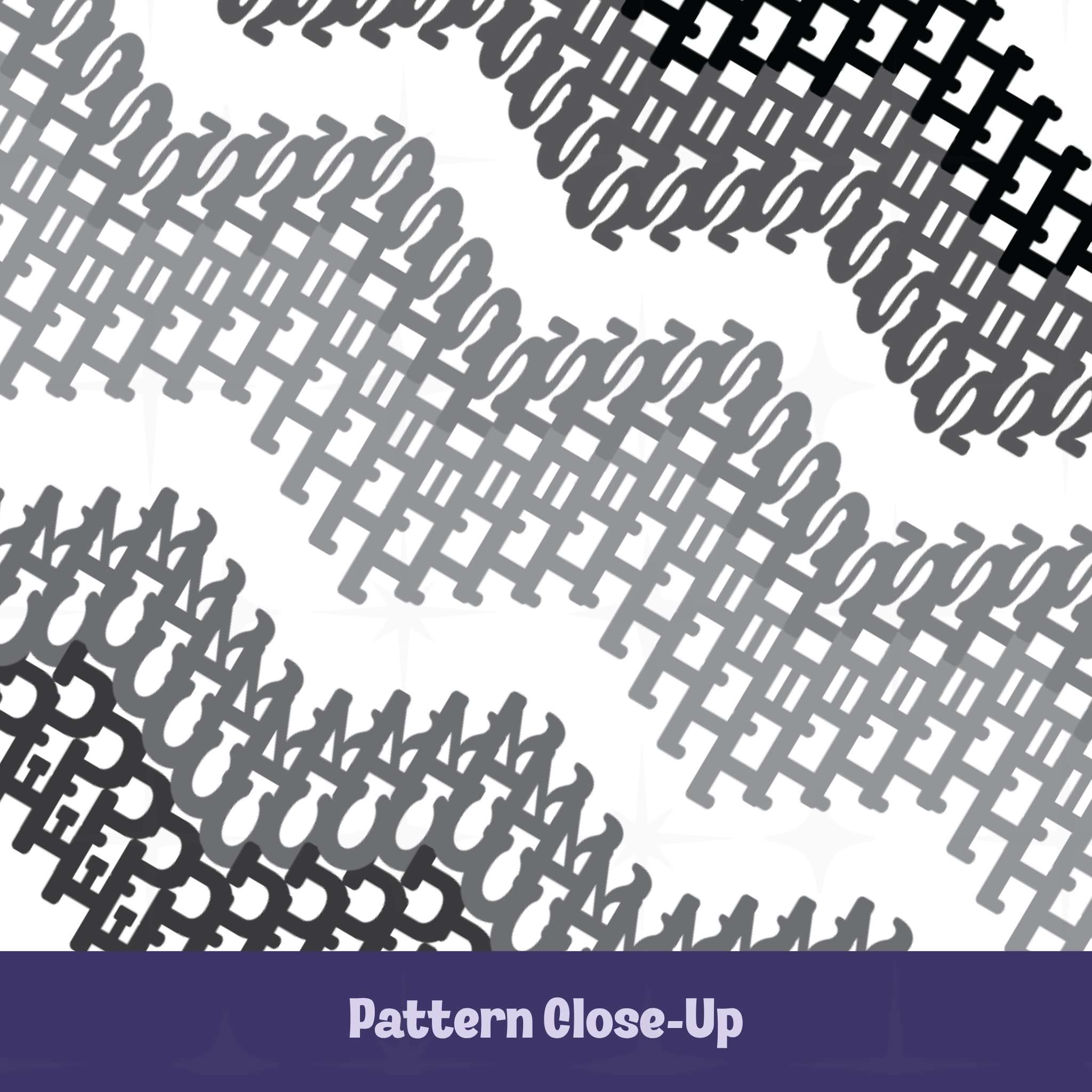 Close-up detail of interlocking gray typographic chevron pattern with hidden profanity letterforms on accent mug