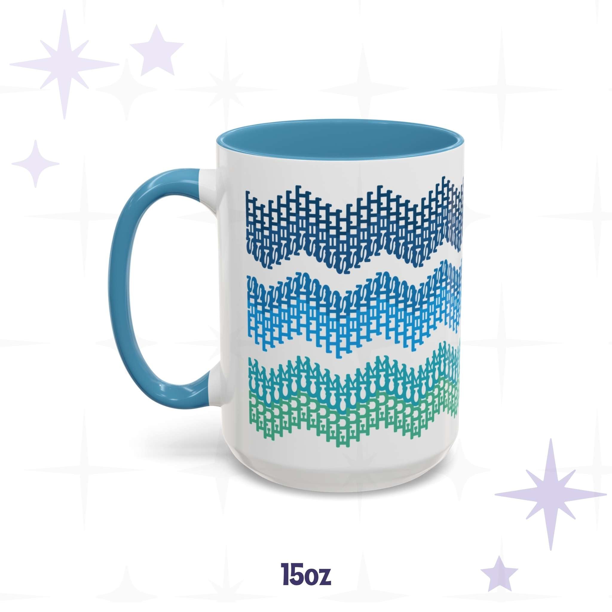 15oz hidden profanity accent mug with ocean ombre chevron bands in blue and teal tones with blue glazed handle