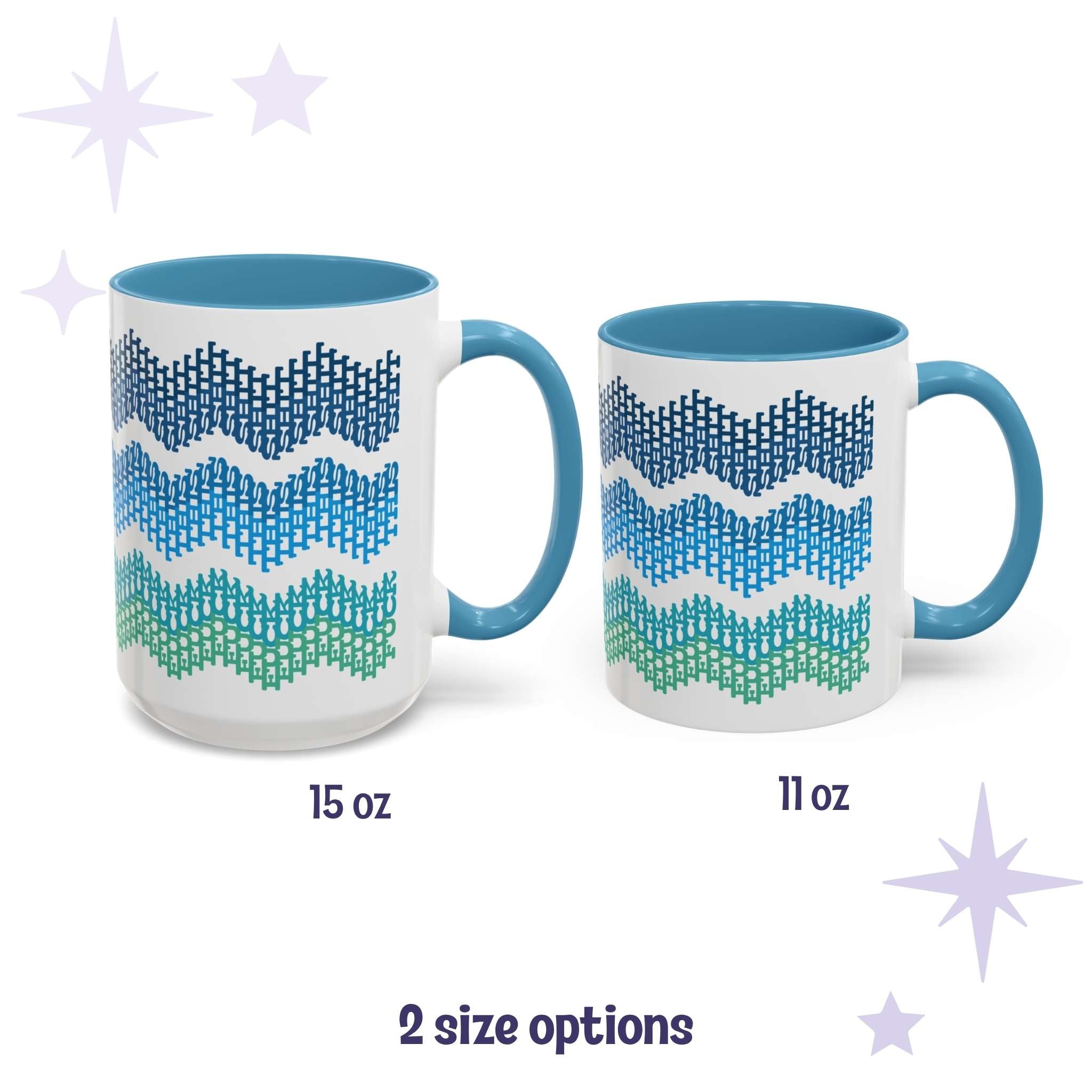 Hidden profanity accent mug in ocean ombre chevron shown in both 15oz and 11oz sizes side by side