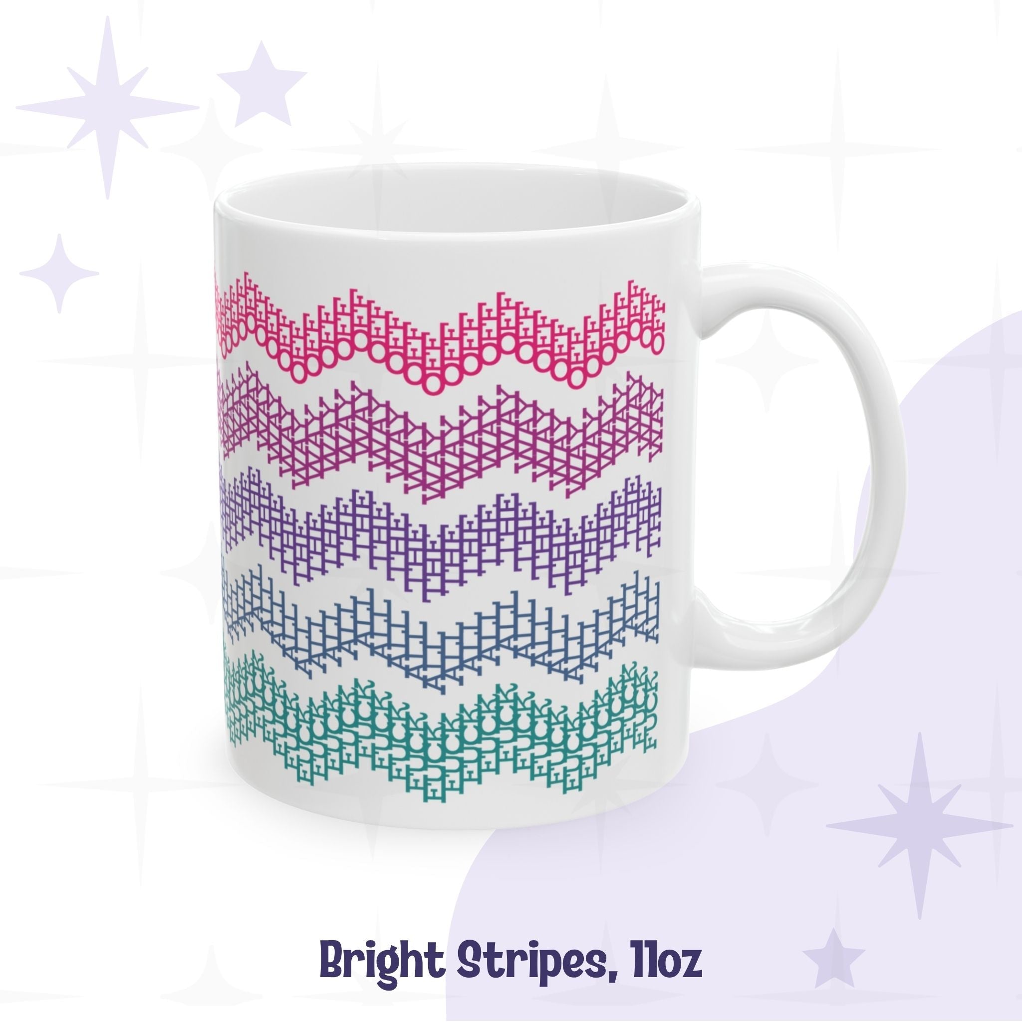 Hidden profanity chevron mug 11oz in bright stripes colorway, cool-toned pink purple teal geometric text pattern