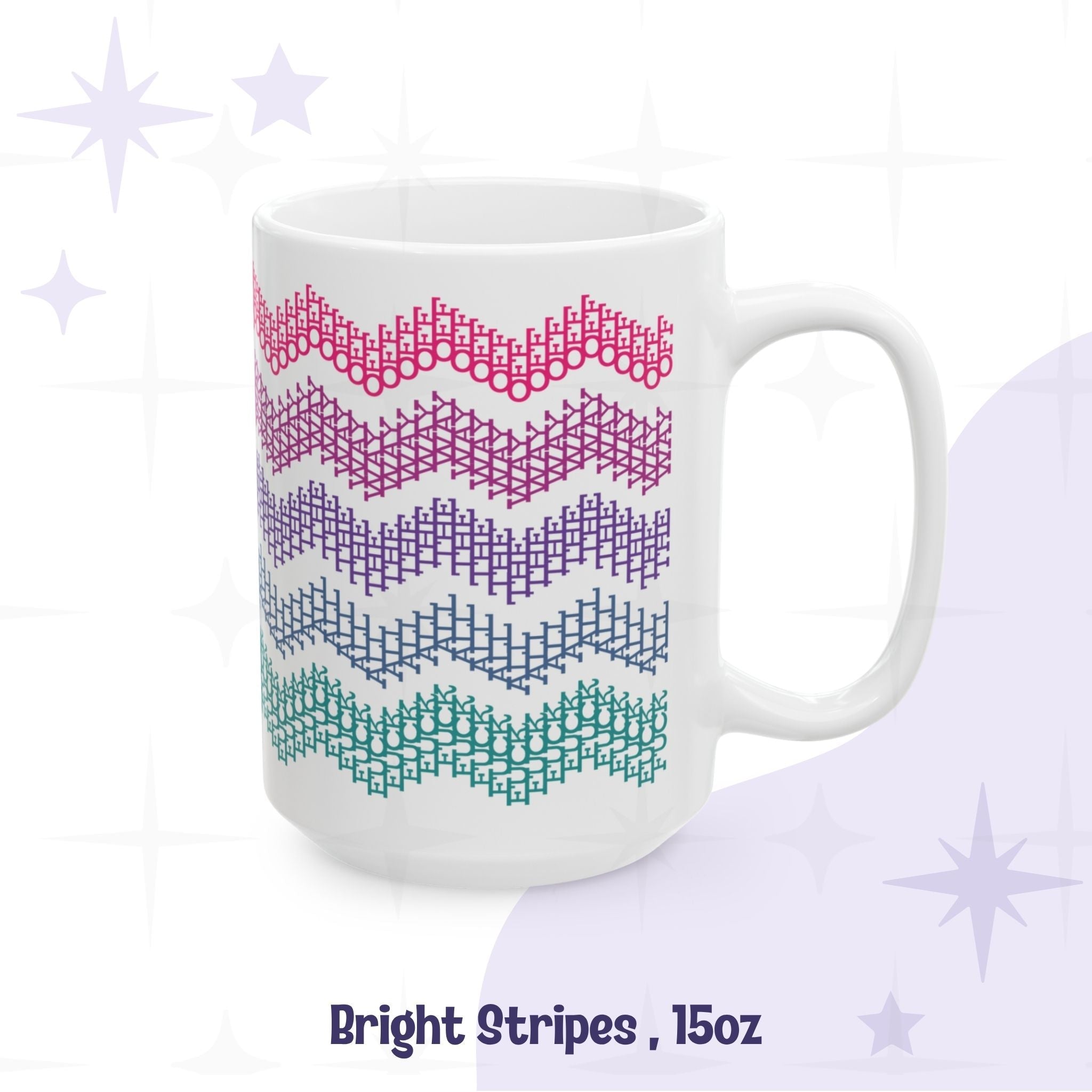 Bright stripes hidden profanity chevron mug 15oz in hot pink berry purple blue and teal graduated zigzag on white ceramic