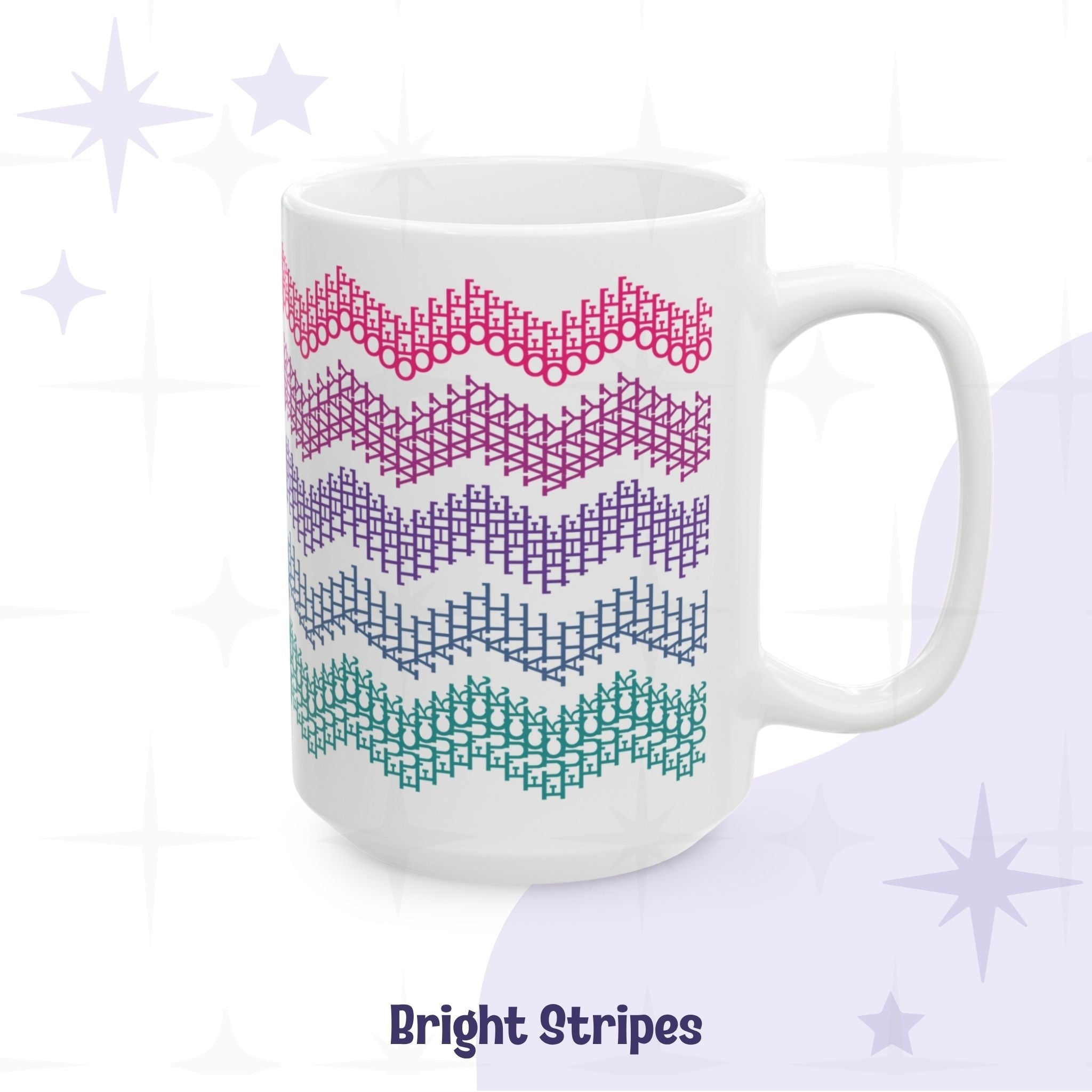 Bright stripes hidden profanity chevron mug 15oz in hot pink berry purple blue and teal graduated zigzag on white ceramic