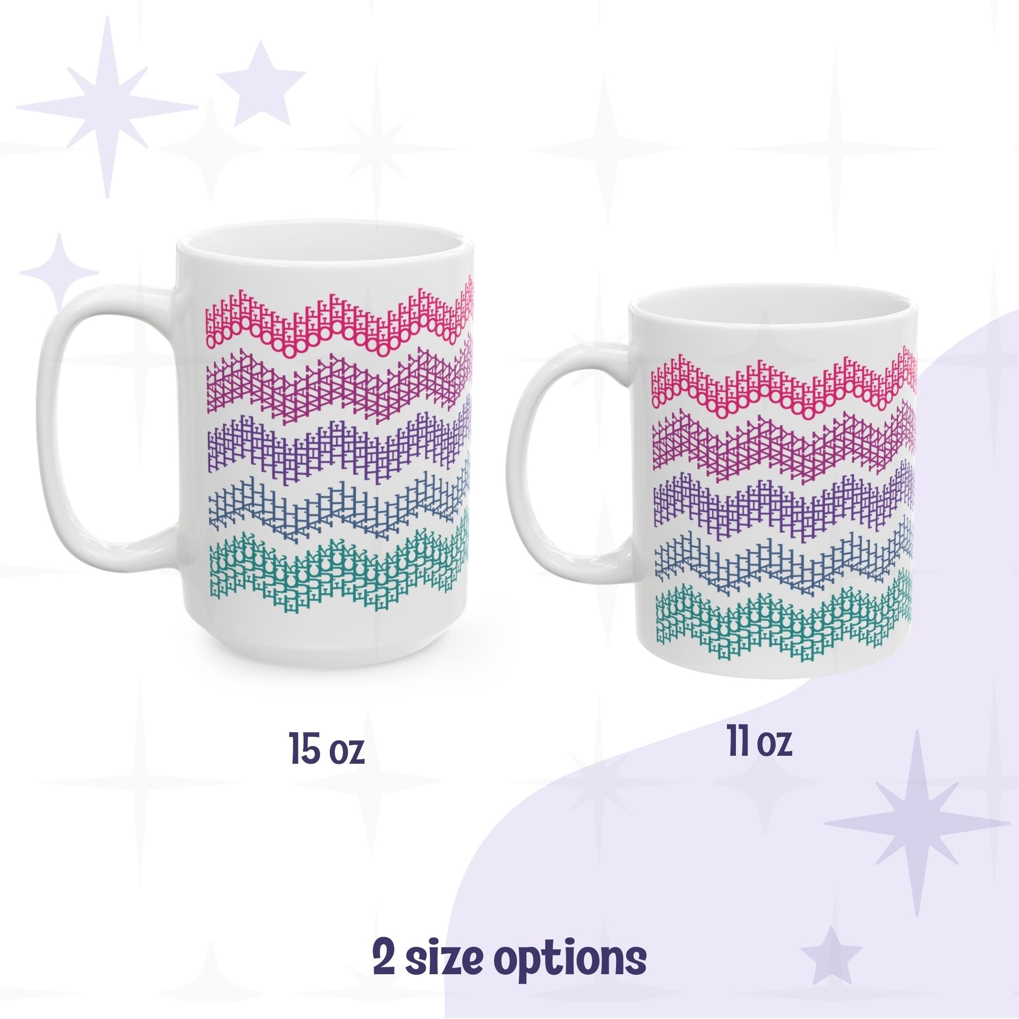 Side by side size comparison of bright stripes hidden profanity chevron mug in 15oz and 11oz