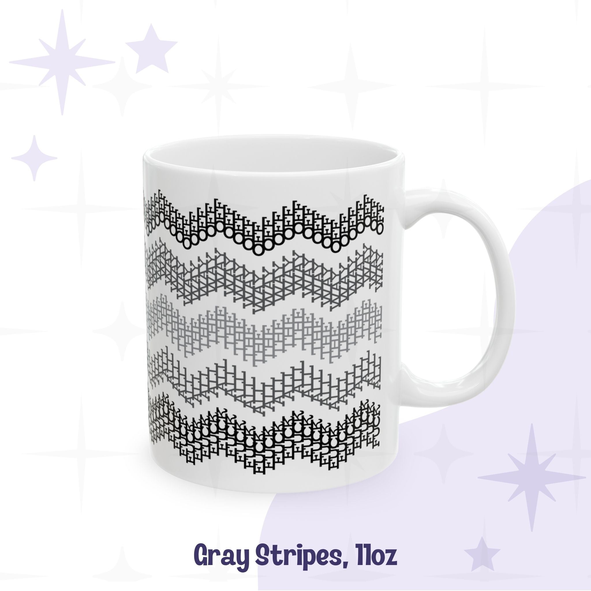 Hidden profanity chevron mug 11oz in gray stripes colorway, monochrome geometric text pattern on white ceramic