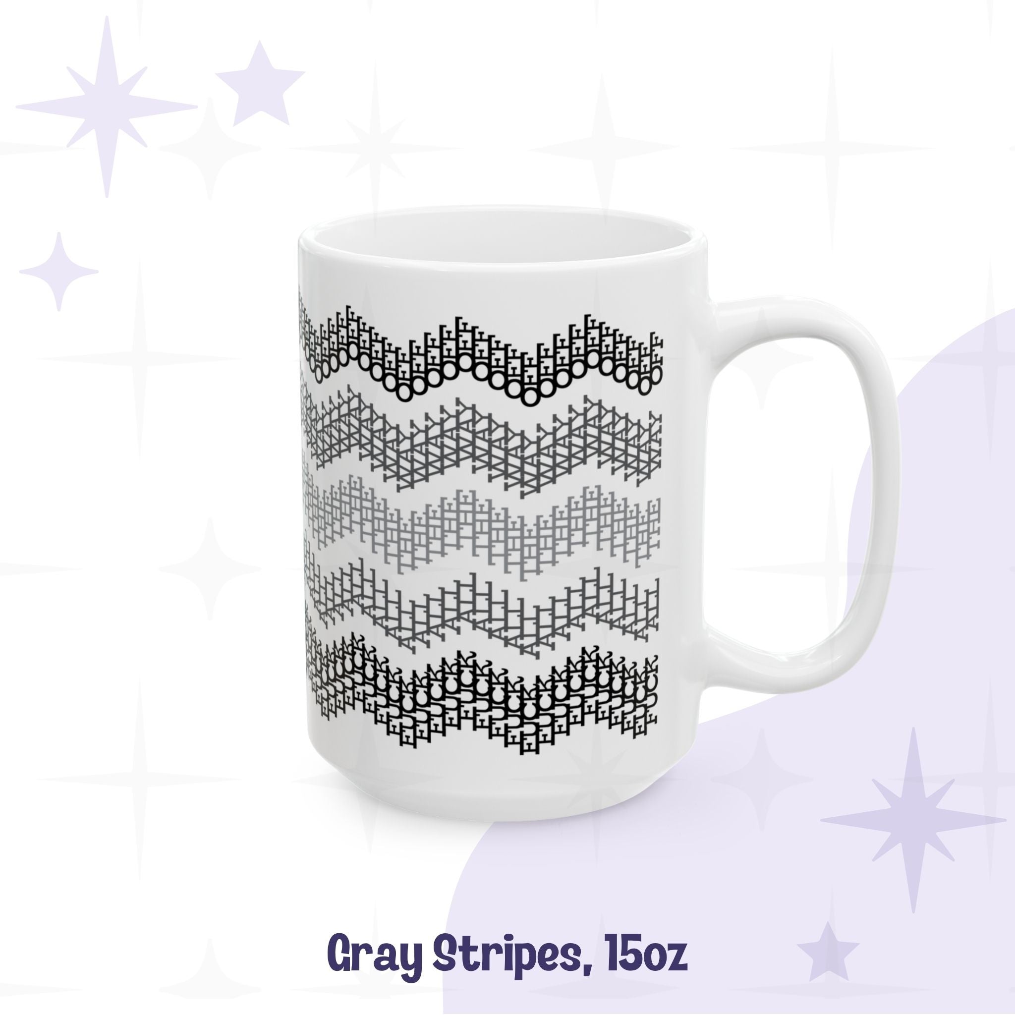 Gray stripes hidden profanity chevron mug 15oz, black to light gray graduated zigzag pattern on white ceramic, handle facing right