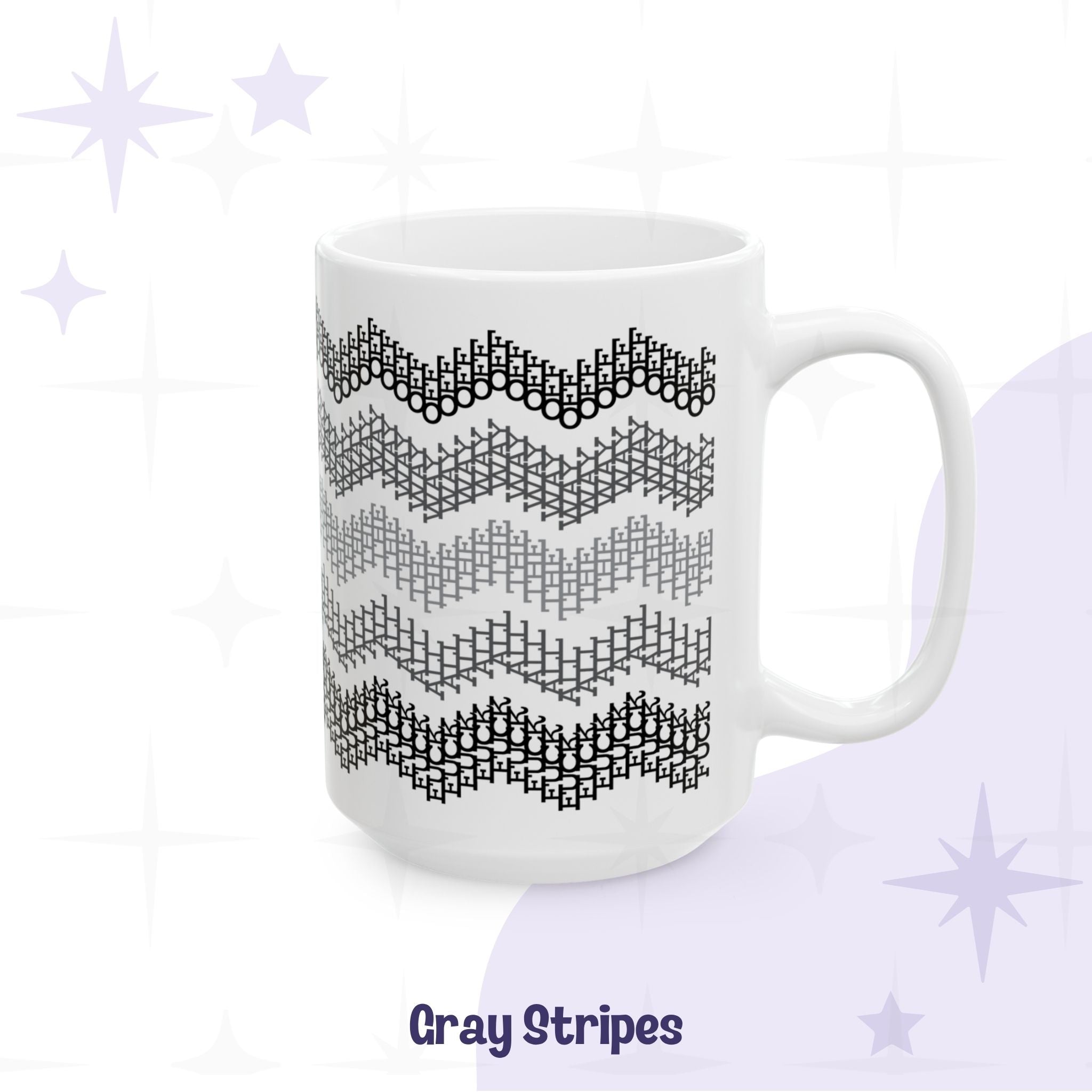 Gray stripes hidden profanity mug 15oz alternate angle showing full wrap chevron pattern in graduated grays