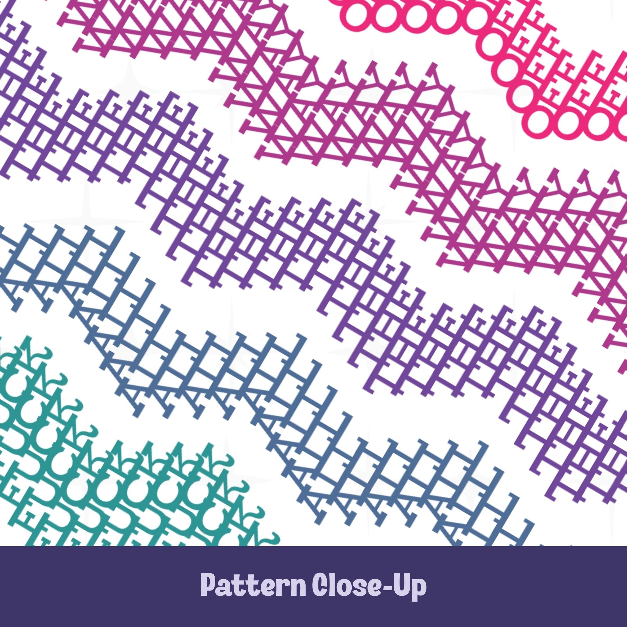 Close-up of hidden text pattern in hot pink berry purple and teal, angular letterforms spelling Fuck All The Way Off in chevron stripe formation