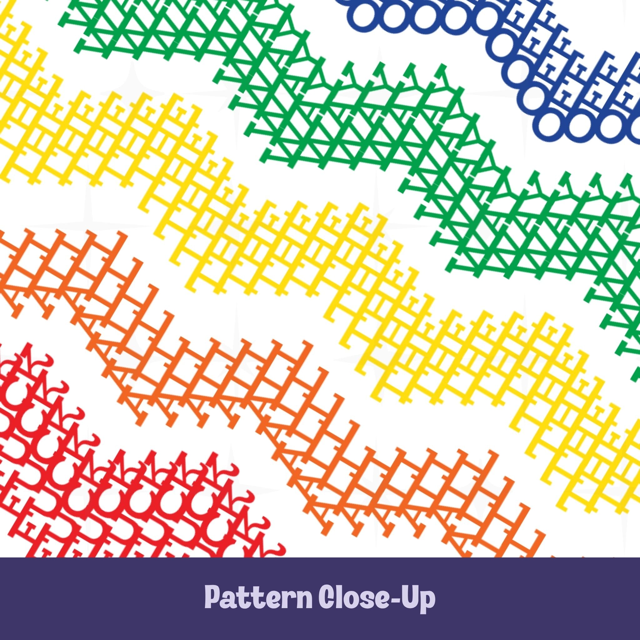 Close-up of rainbow chevron stripe pattern in blue green yellow orange and red, repeating hidden profanity text Fuck All The Way Off in geometric letterforms