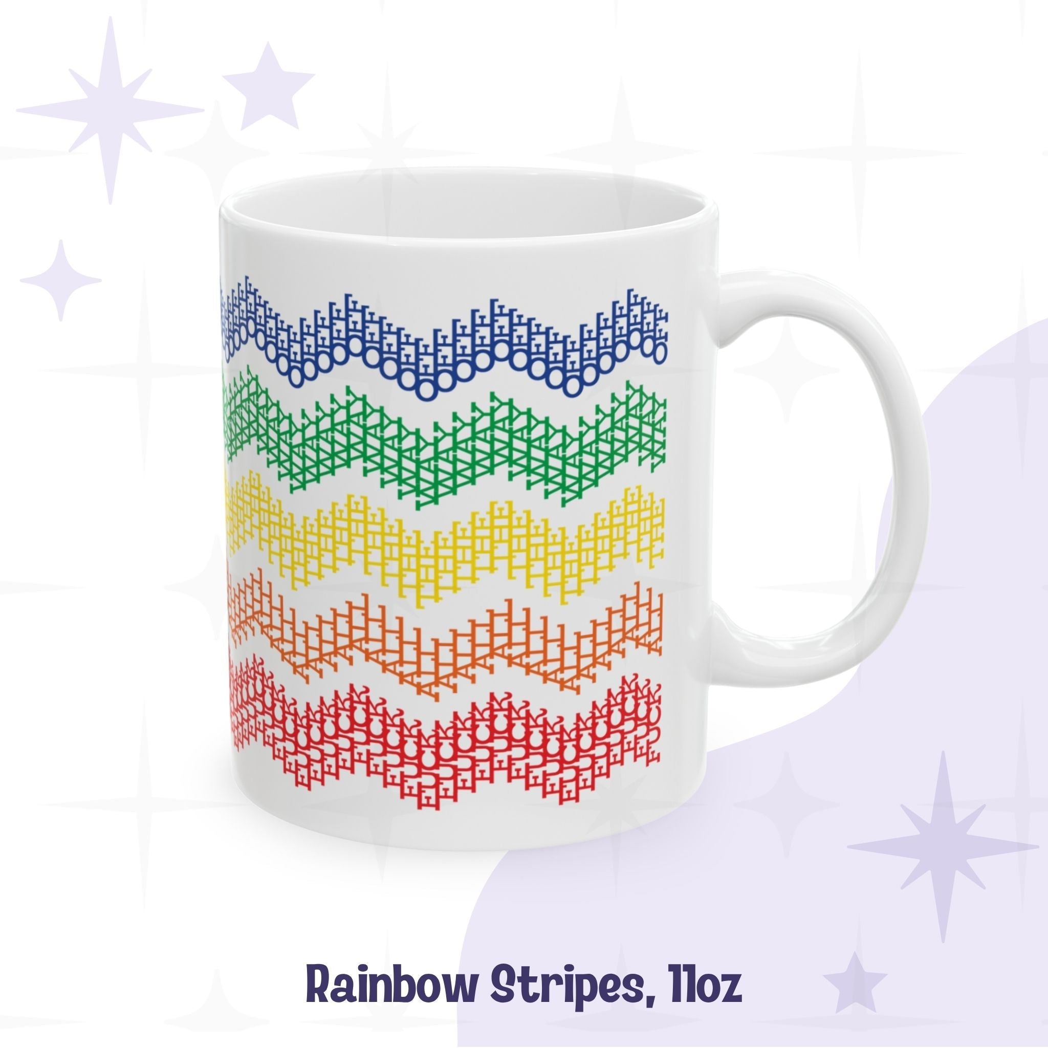 Hidden profanity chevron mug 11oz in rainbow stripes colorway, blue green yellow orange red geometric text pattern