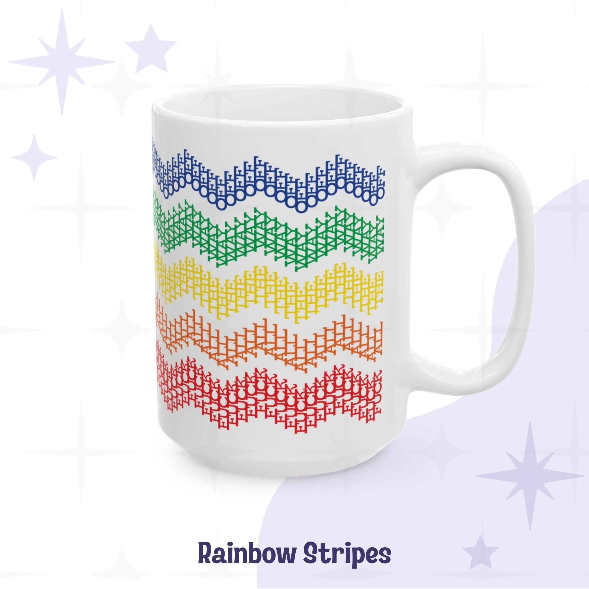 Rainbow stripes hidden profanity mug 15oz alternate angle showing full wrap chevron pattern in classic rainbow colors