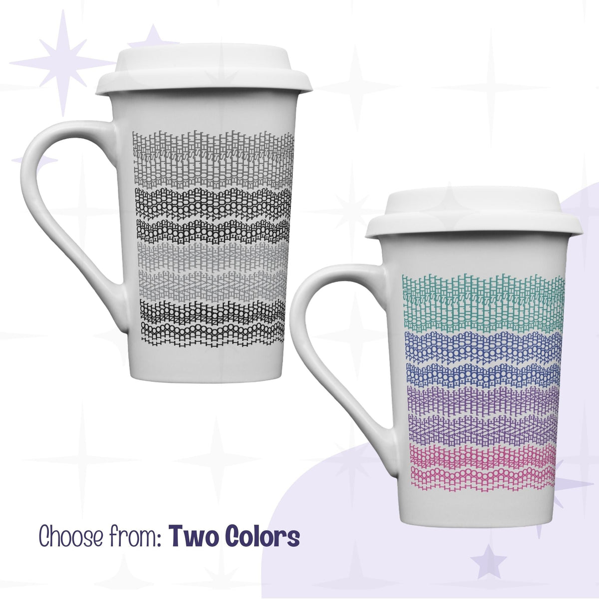 Hidden profanity latte mug in gray stripes and bright stripes colorways side by side, knit stitch text pattern hiding I do not have time for your bullshit on white ceramic with lid
