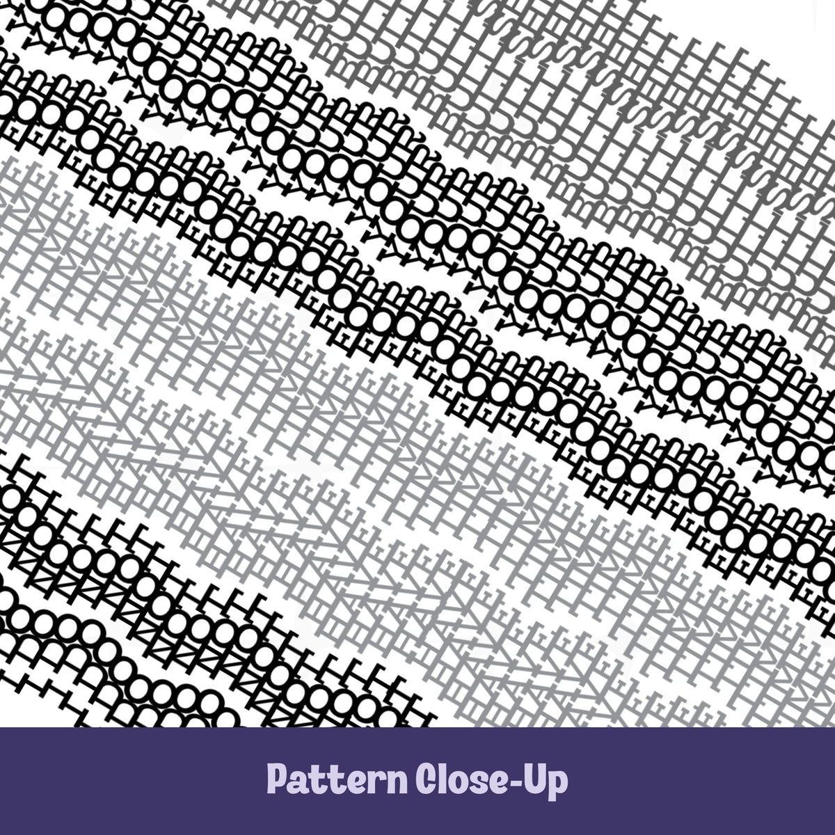 Close-up of gray stripes hidden profanity latte mug pattern in charcoal and gray, revealing text I do not have time for your bullshit in knit stitch letterforms