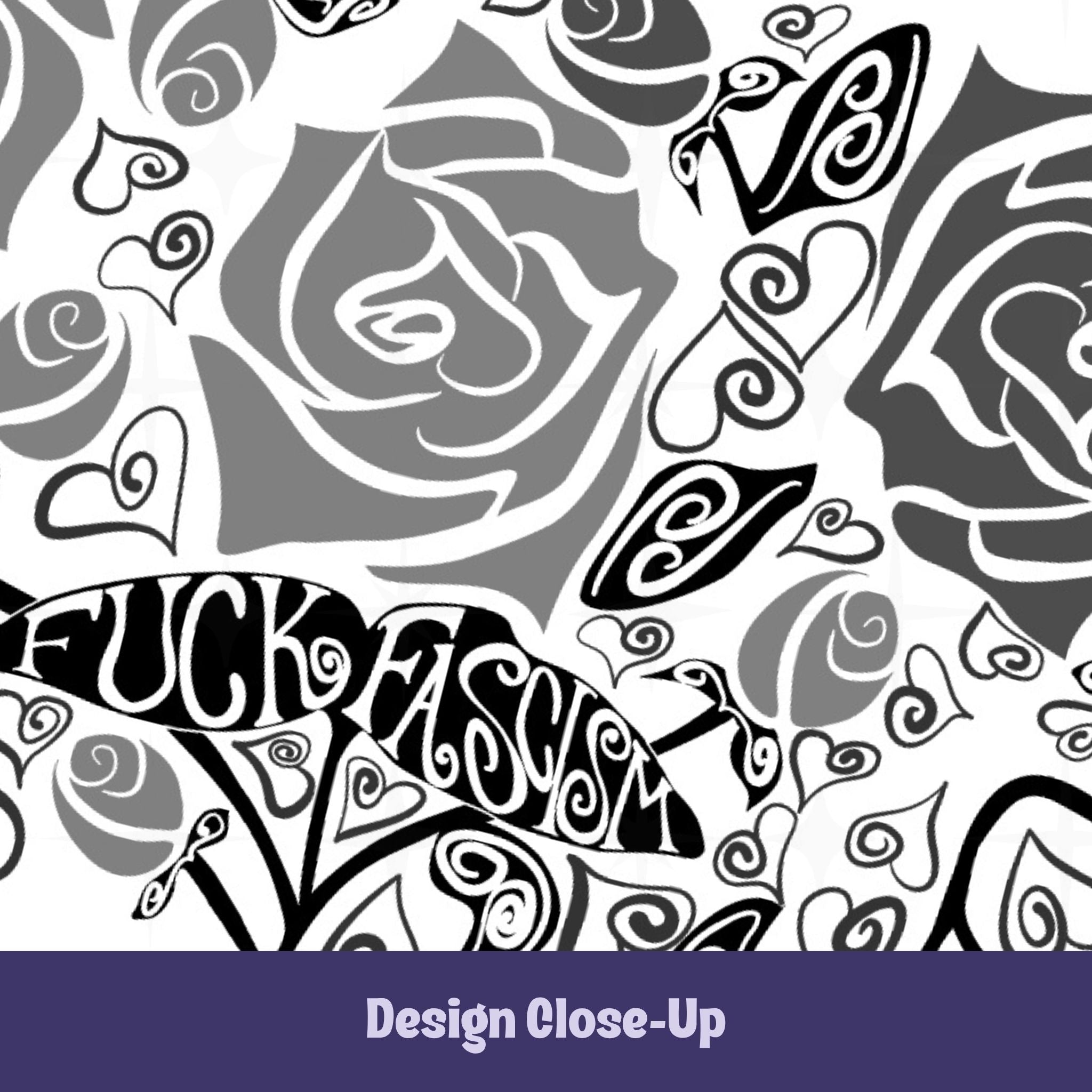 Design close-up of hidden profanity latte mug artwork showing hand-lettered Fuck Fascism banner woven into gothic rose and heart vine pattern in black and gray
