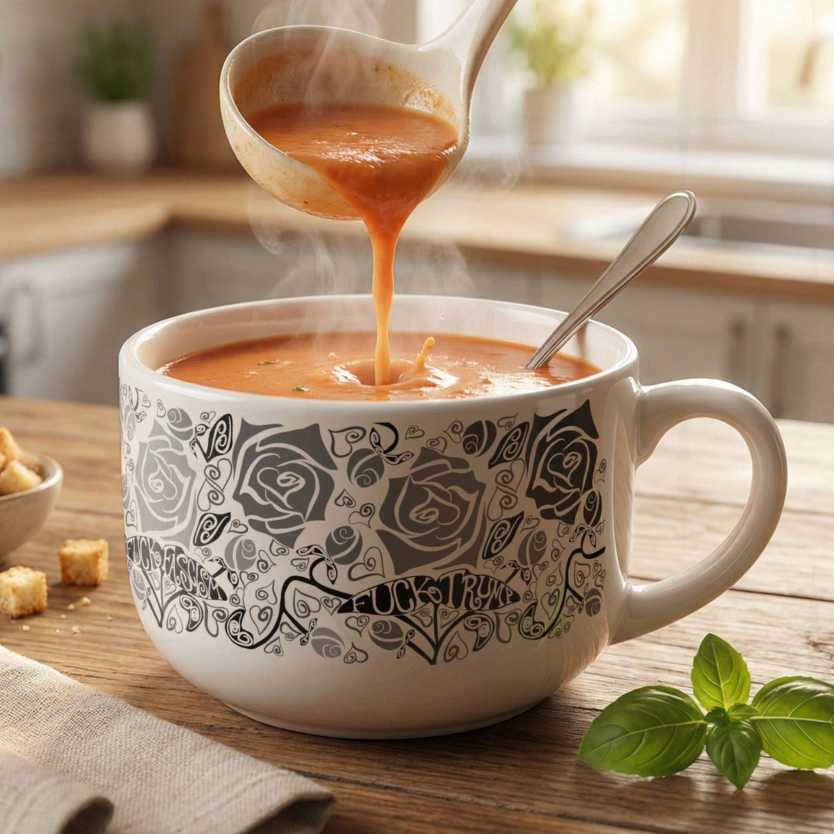 Hidden profanity latte mug with tomato soup being ladled in, gothic rose pattern with political protest hand lettering on white ceramic, basil and croutons