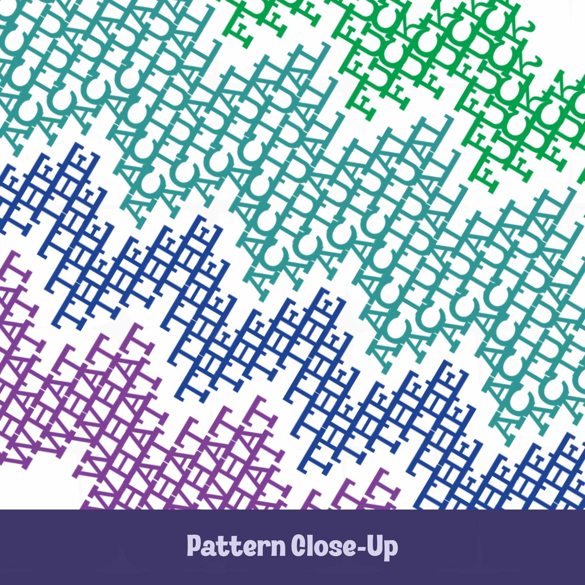 Close-up of colorful cross-stitch typography pattern revealing the hidden words in green, teal, blue, and purple with a Pattern Close-Up label