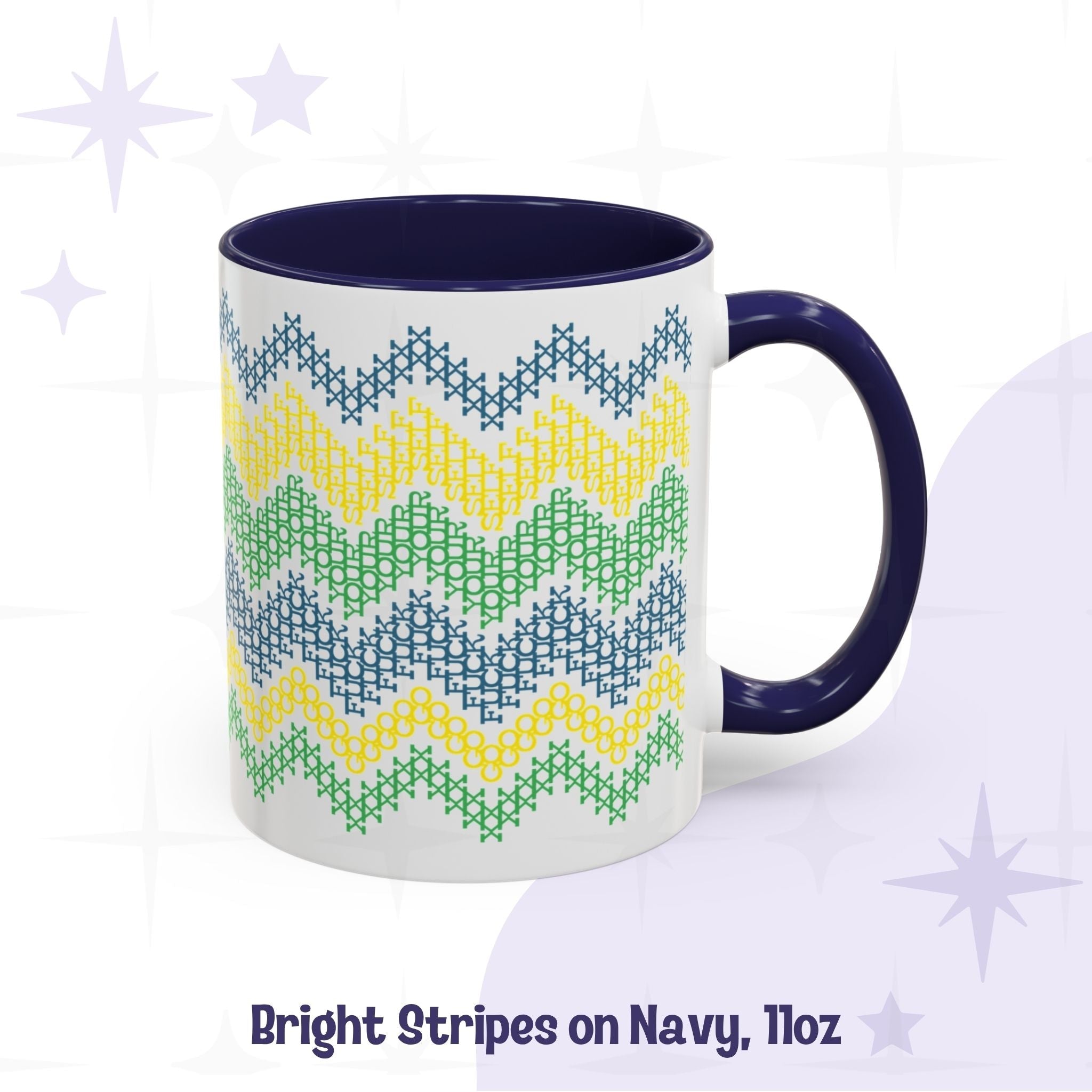 Hidden profanity mug 11oz all-white ceramic with bright stripe cross stitch pattern in teal yellow and green