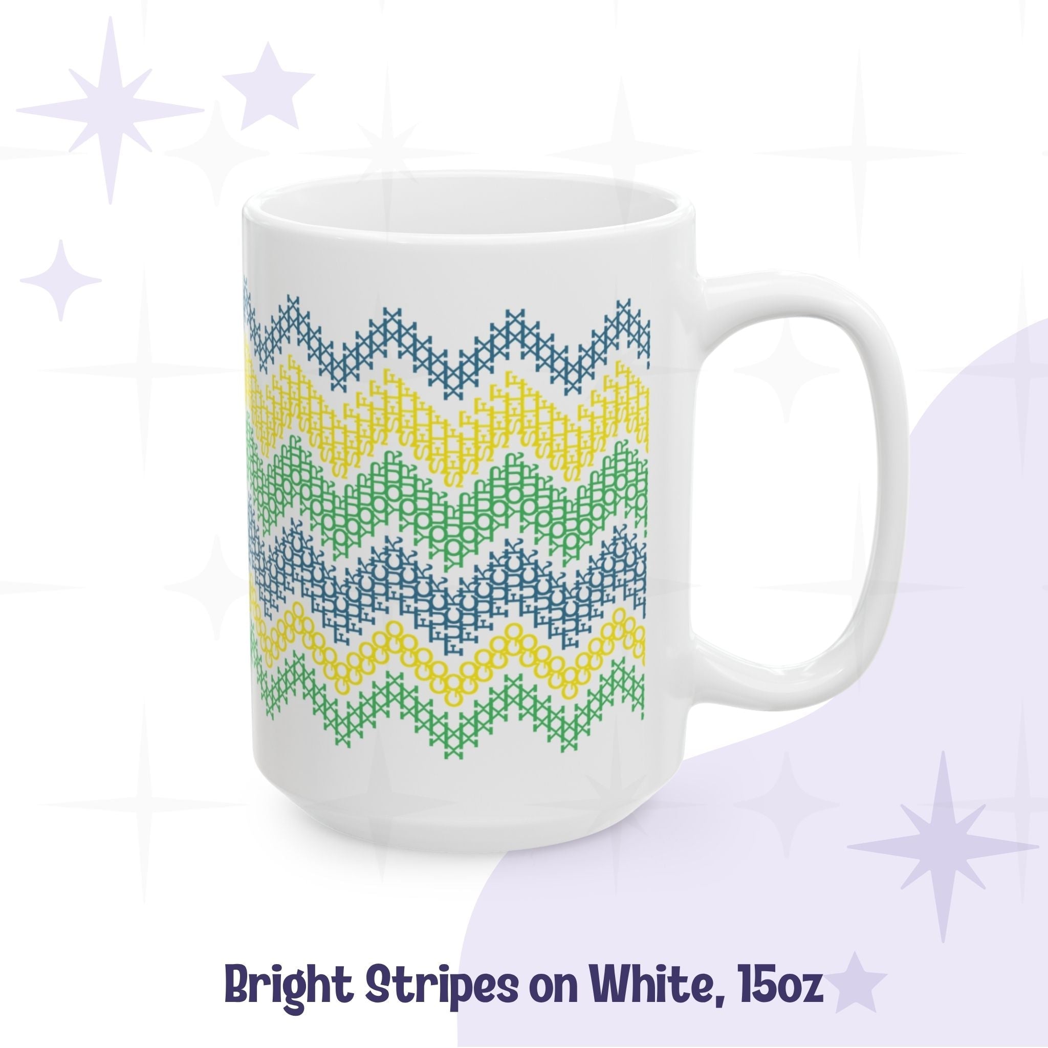 15oz hidden profanity ceramic mug bright stripe cross stitch chevron pattern in teal yellow and green on all-white mug body