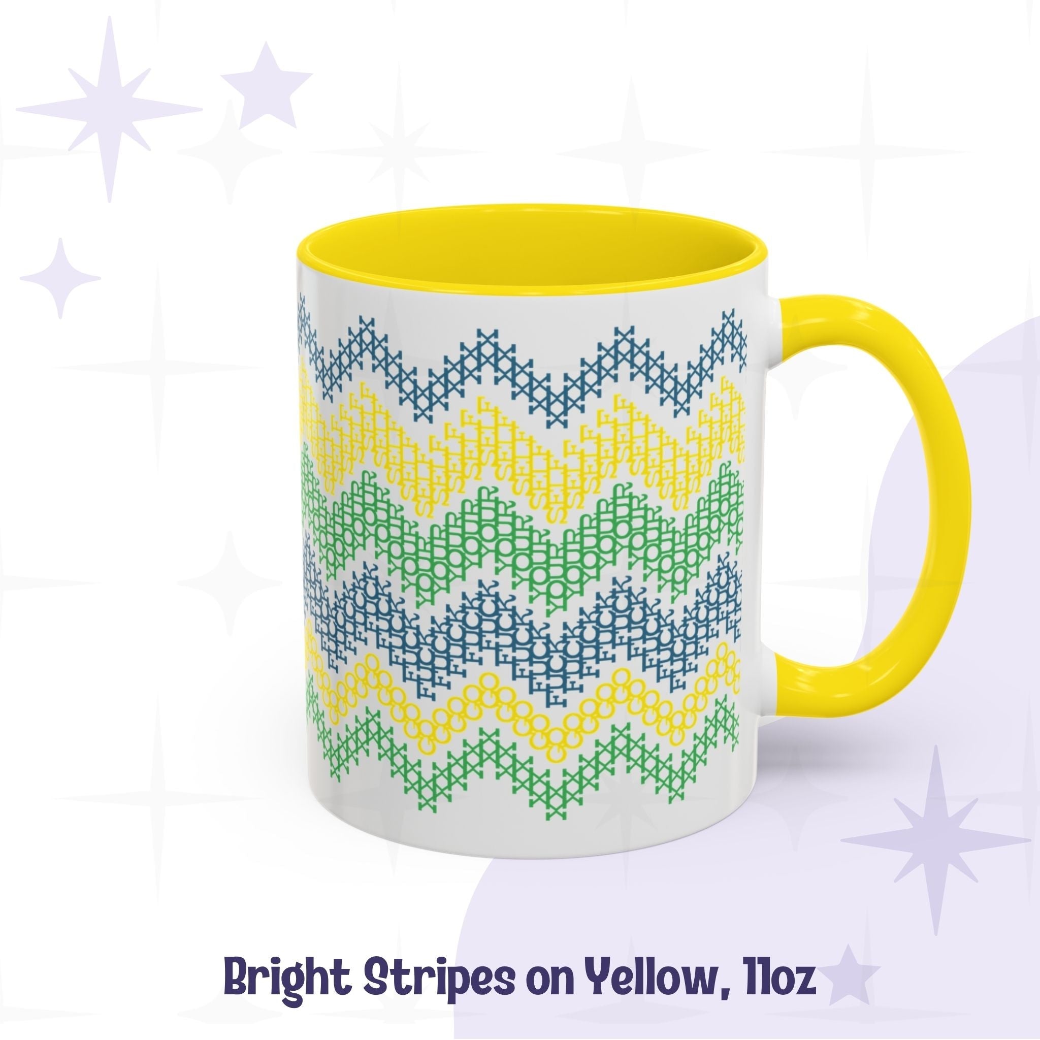 11oz hidden profanity mug bright stripe cross stitch pattern yellow accent handle ceramic