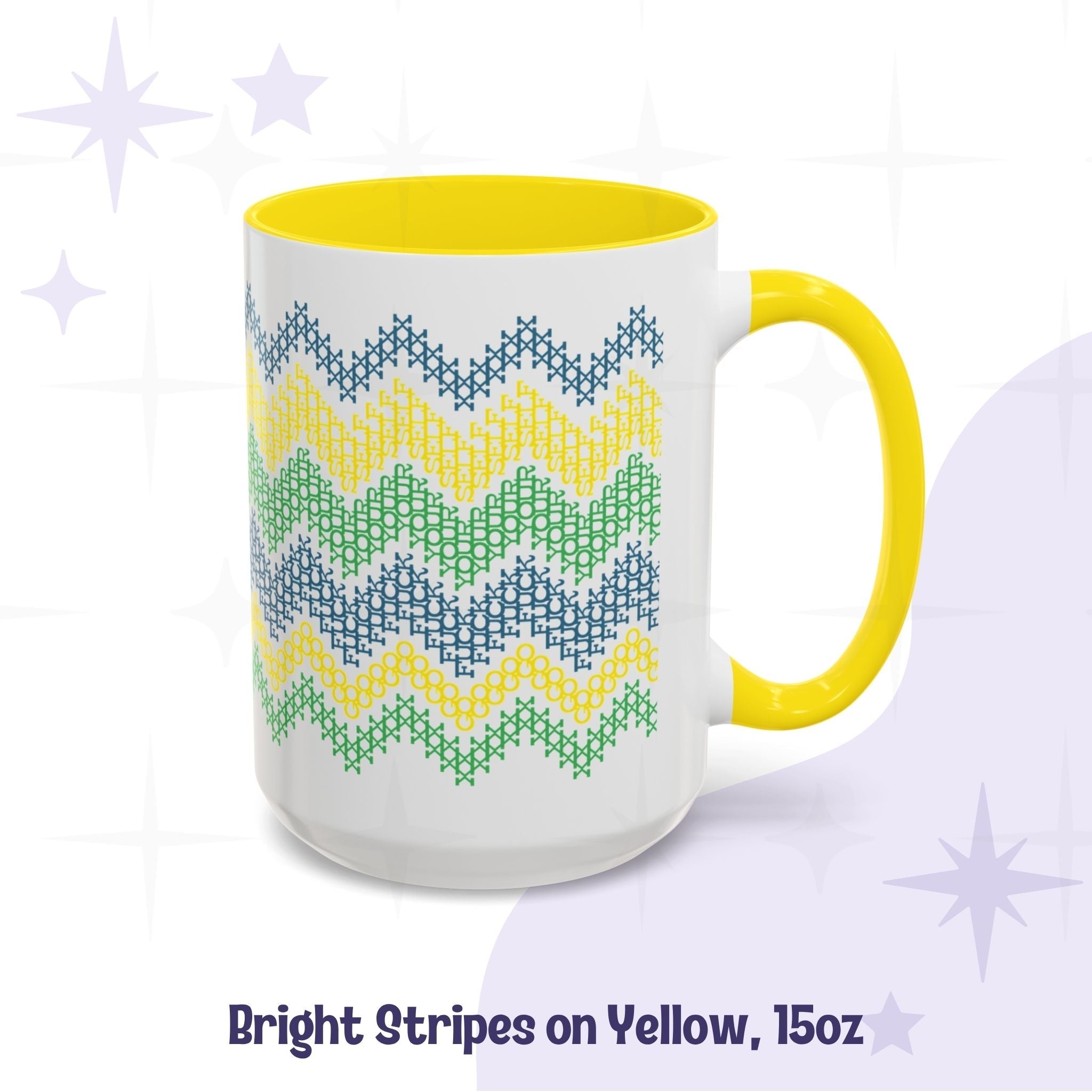 15oz hidden profanity mug bright stripe cross stitch pattern yellow accent handle ceramic