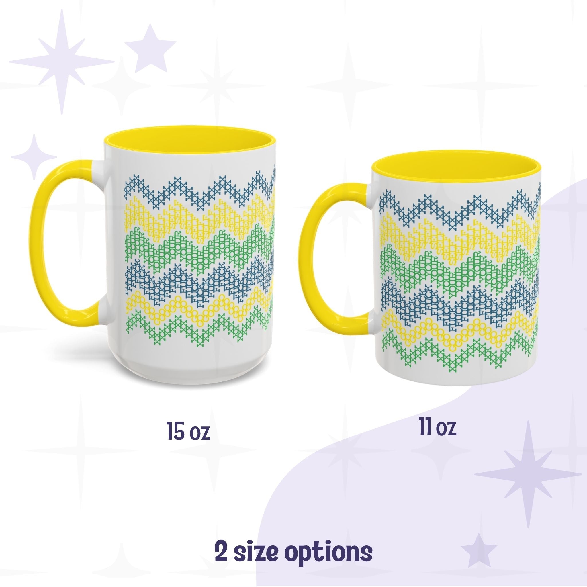 Hidden profanity mug yellow accent handle colorway bright stripe cross stitch pattern in two sizes 11oz and 15oz