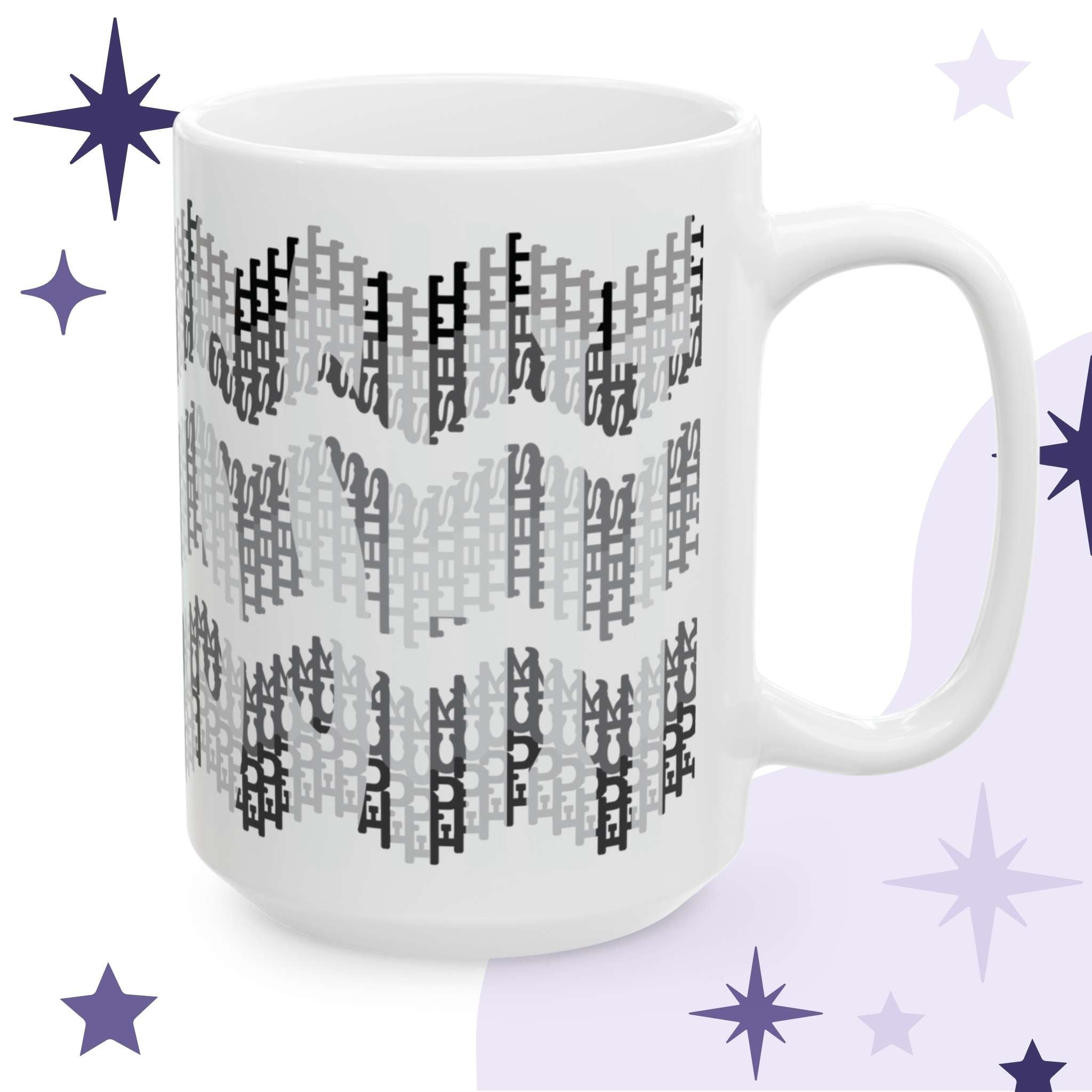 White ceramic hidden profanity mug with grayscale chevron pattern spelling fuck this shit, 15oz, on purple starfield background
