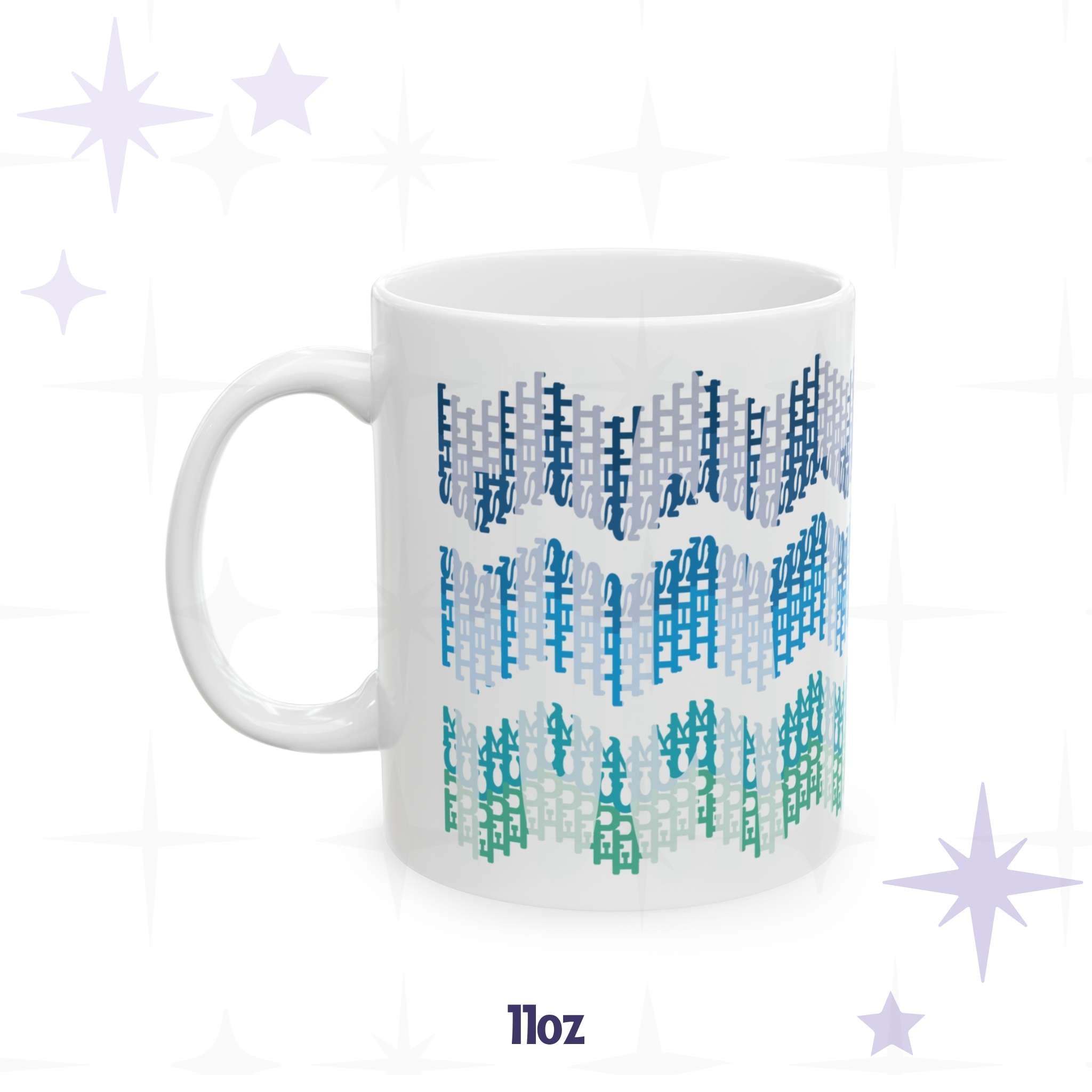 White ceramic hidden profanity mug with ocean ombre chevron pattern spelling fuck this shit, 11oz, on branded purple starfield background