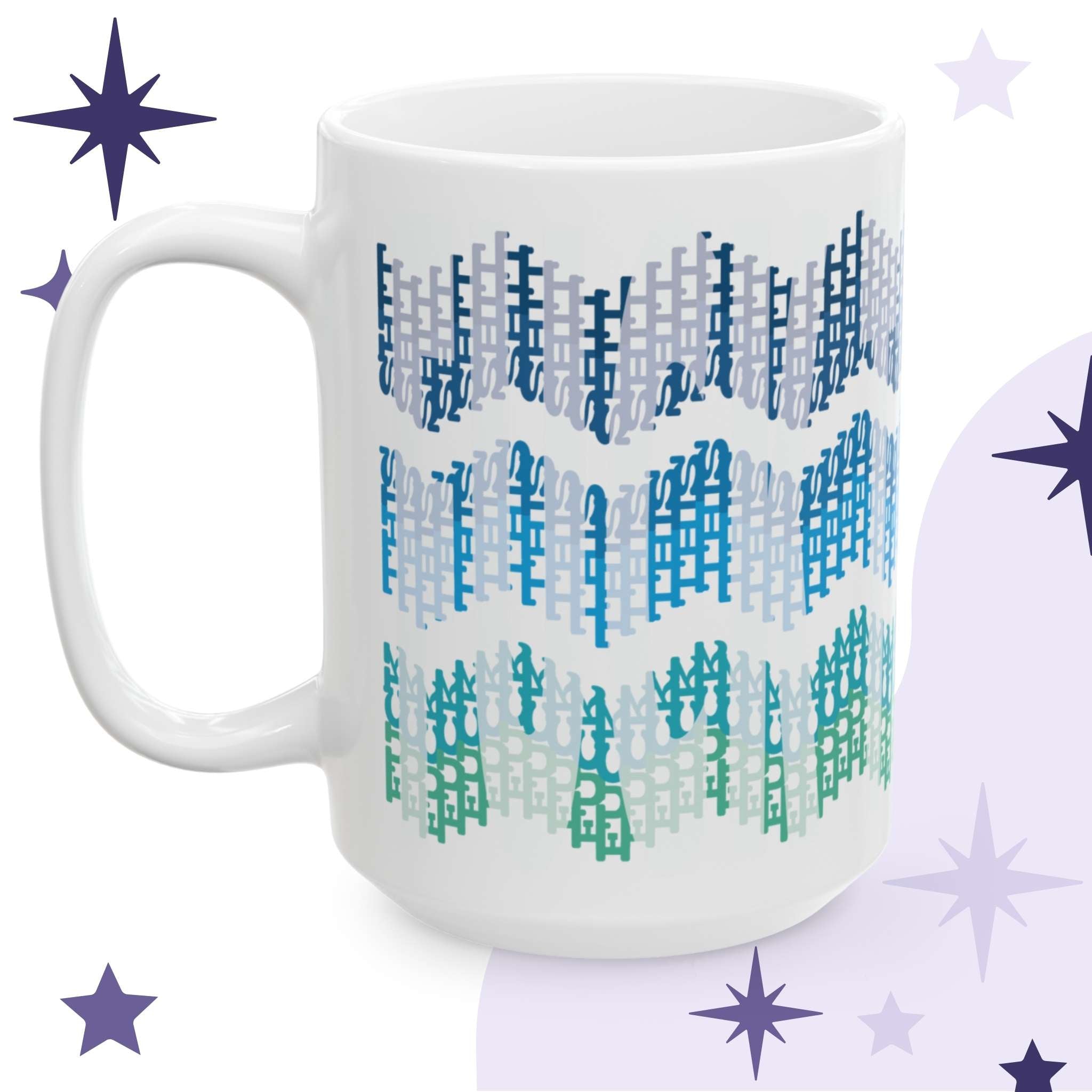 15oz white ceramic hidden profanity mug with ocean ombre chevron pattern on branded purple and lavender background