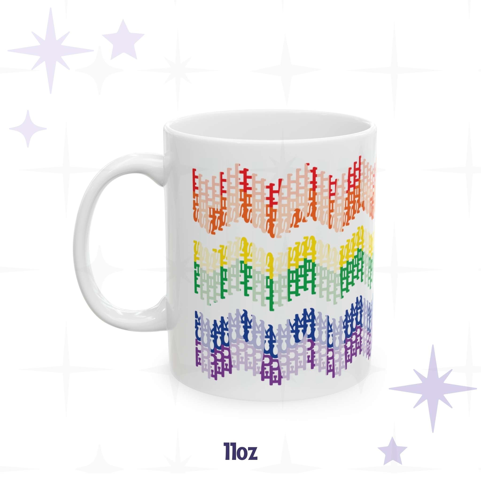 White ceramic hidden profanity mug with rainbow chevron pattern spelling fuck this shit, 11oz, on branded purple starfield background