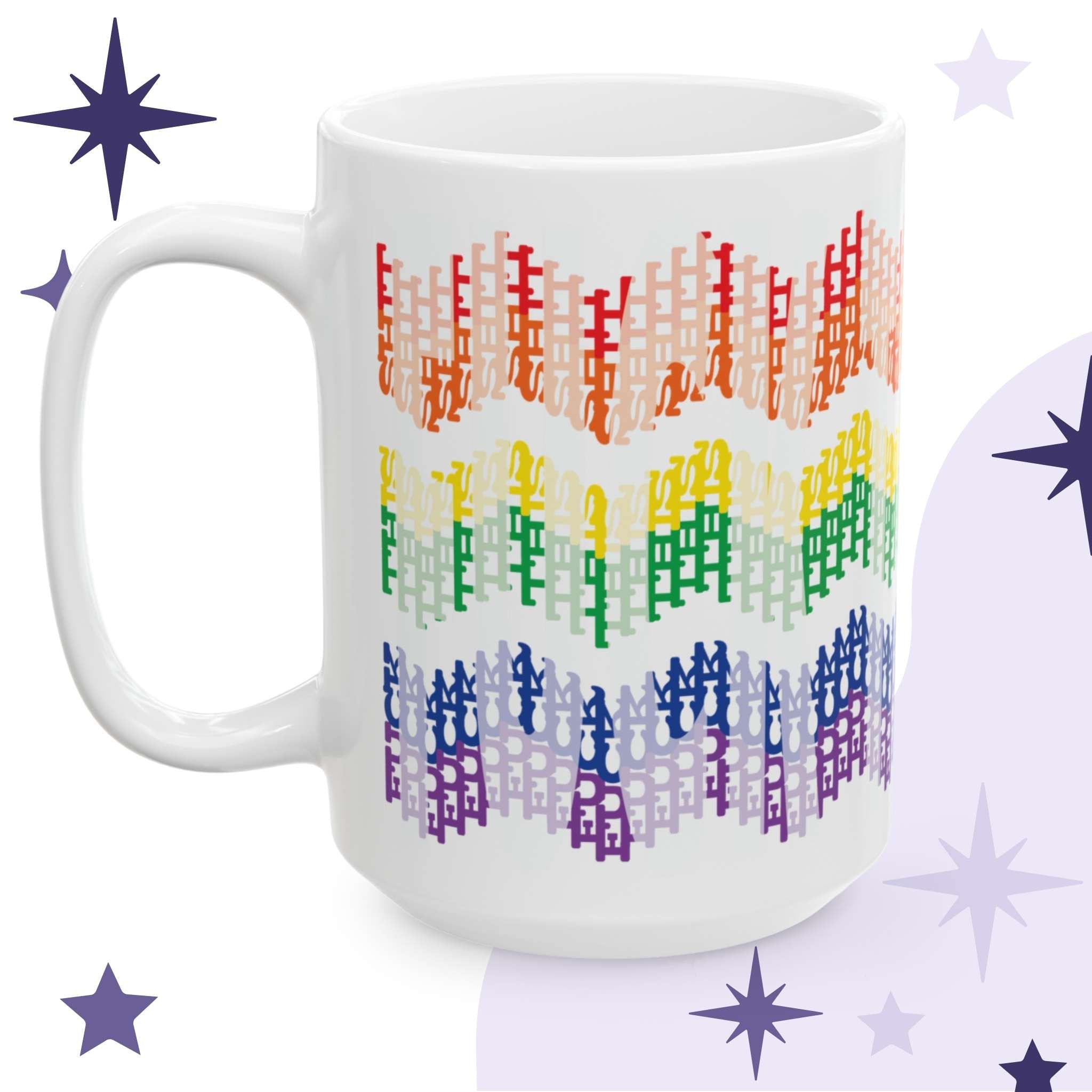 15oz white ceramic hidden profanity mug with rainbow chevron pattern on branded purple starfield background