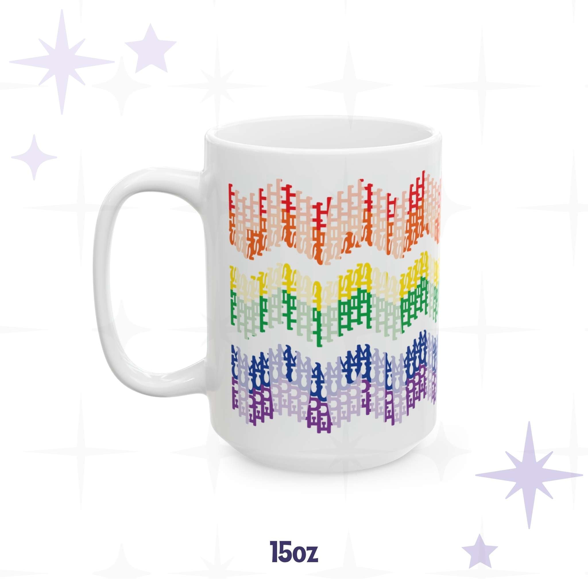 White ceramic hidden profanity mug with rainbow gradient dual layer chevron pattern, 15oz, on branded background
