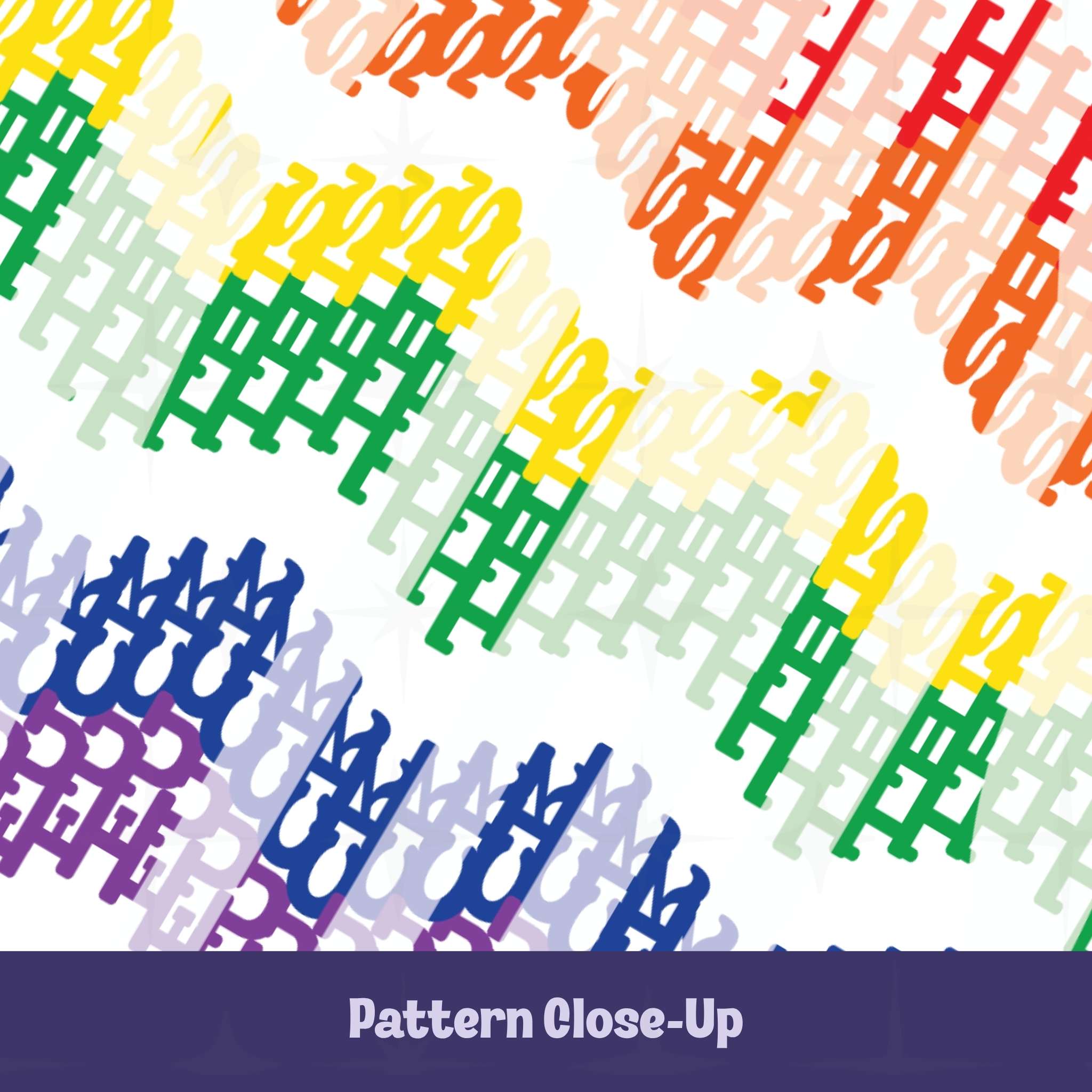 Close-up detail of dual layer interlocking typographic chevron pattern with hidden profanity text in full spectrum rainbow gradient