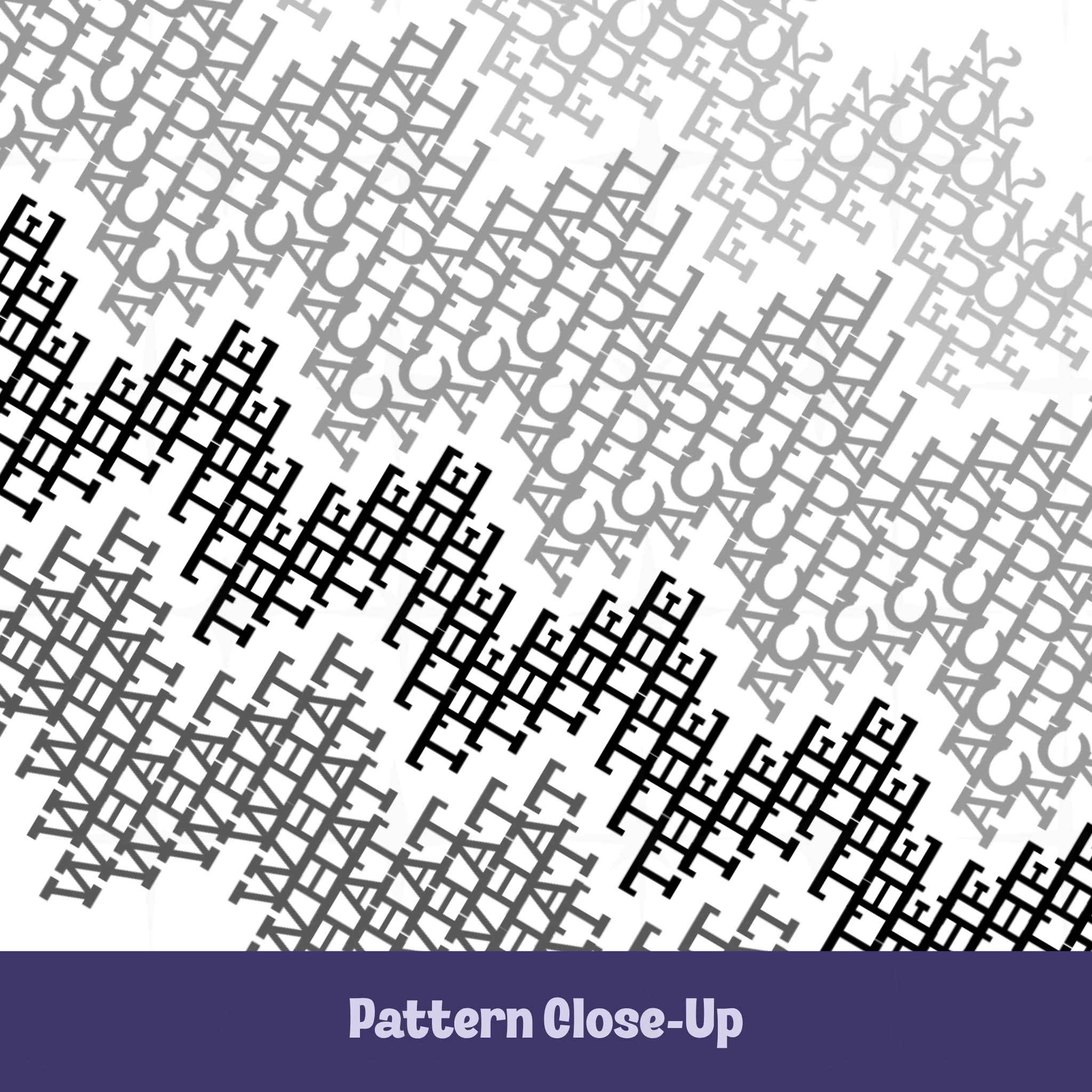 Close-up detail of monochrome cross-stitch typography pattern revealing the hidden words fuck, actual, the, and what in shades of gray to charcoal