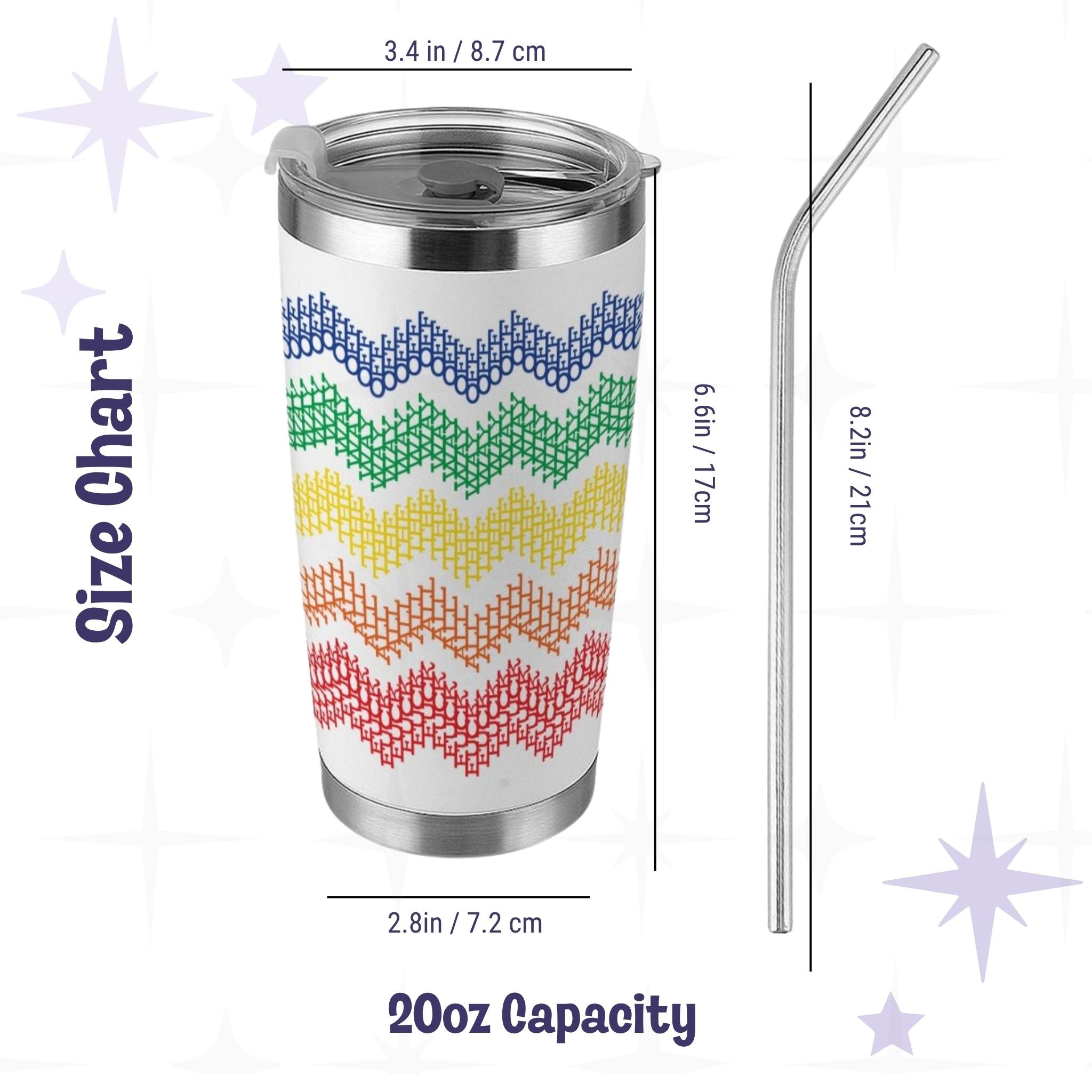 Size chart for hidden profanity 20 oz tumbler showing dimensions 3.4 inch top 2.8 inch base 6.6 inch height with stainless steel straw