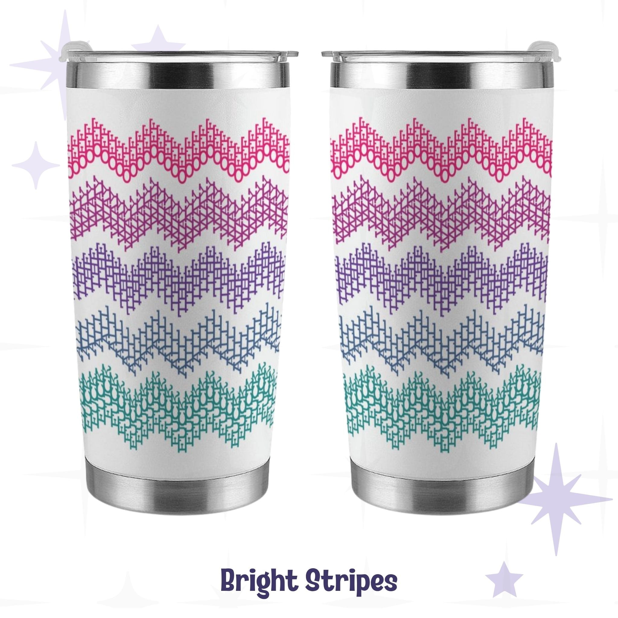 Hidden profanity tumbler bright stripes in hot pink purple and teal front and back view on white stainless steel body