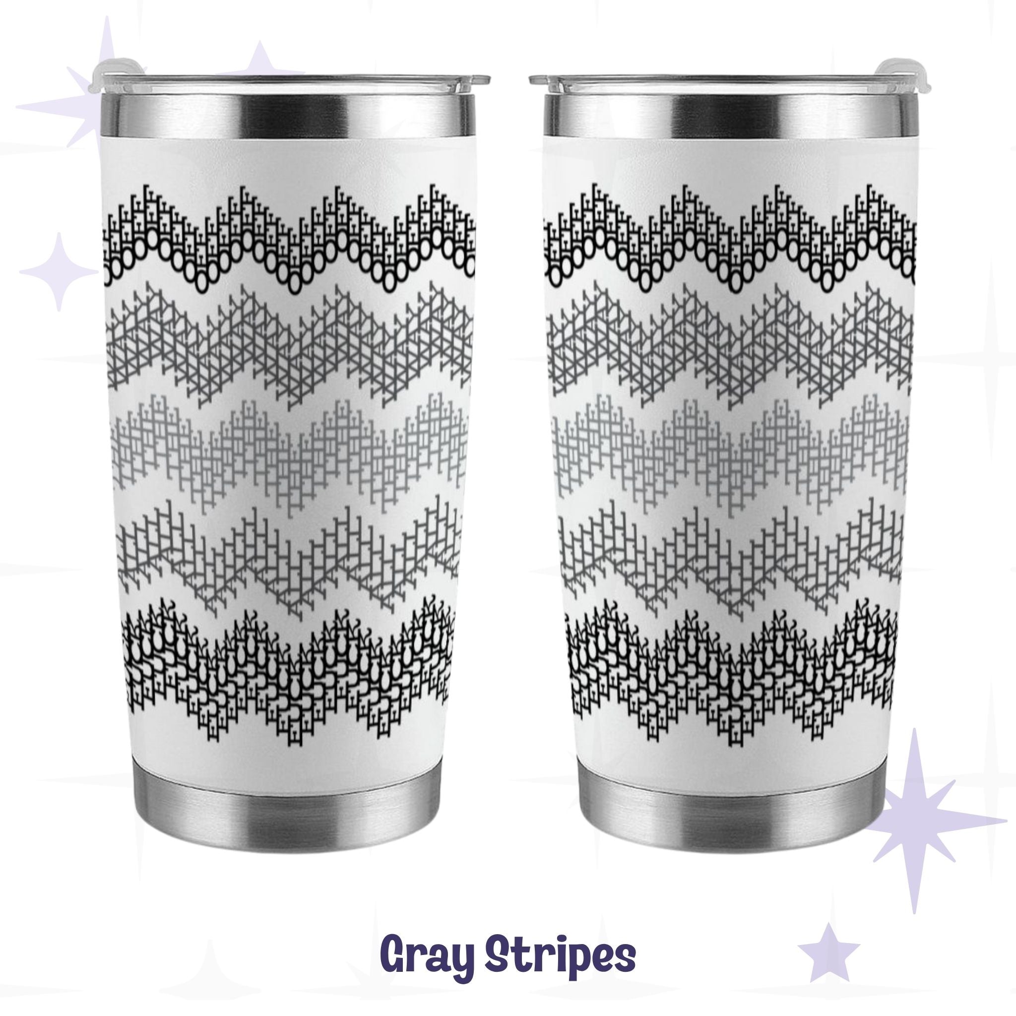 Hidden profanity tumbler gray stripes in black and gray gradient front and back view on white stainless steel body